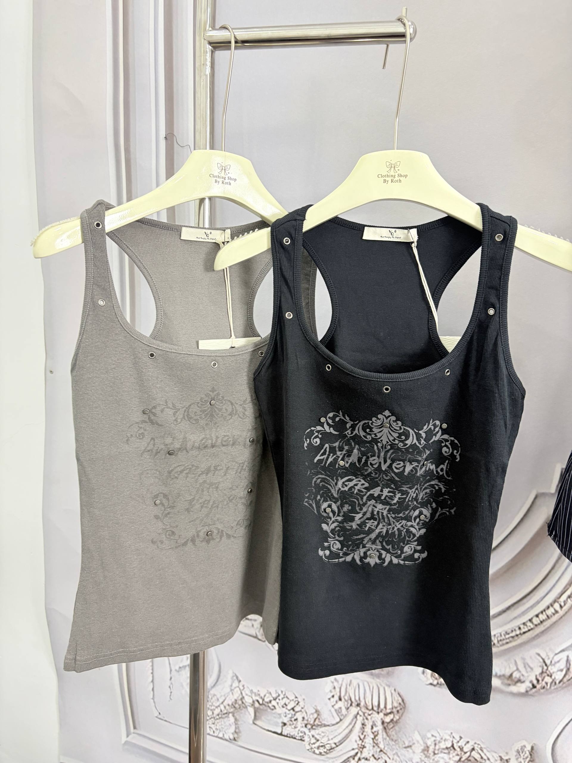 studded baroque graphic ribbed racerback tank top