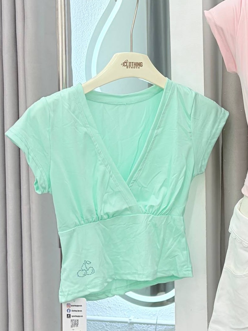 Deep V-Neck Fitted Cap-sleeve Top