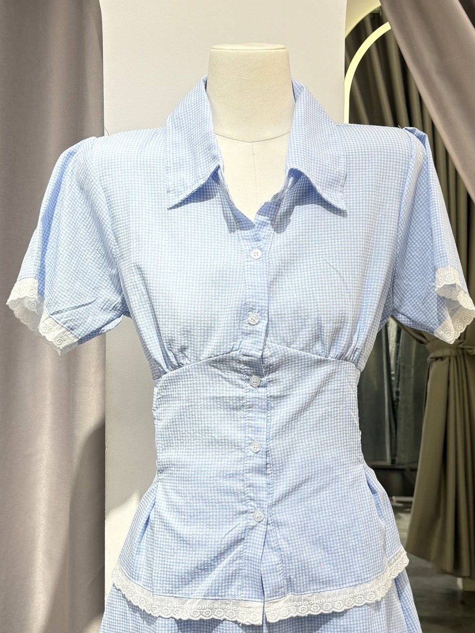 2-piece gingham lace-trim button-up top & mini skirt set