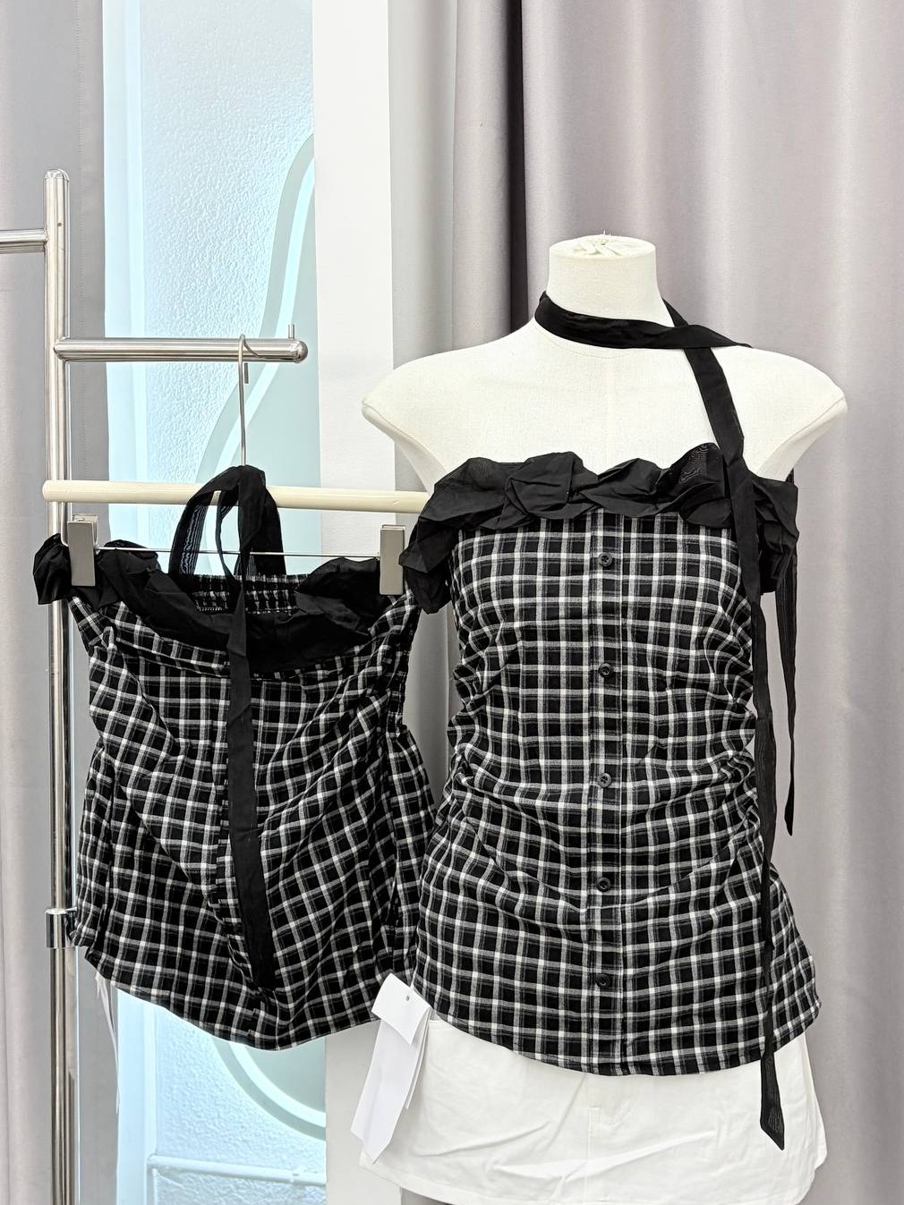 Plaid Strapless Button-up Top with Neck Tie