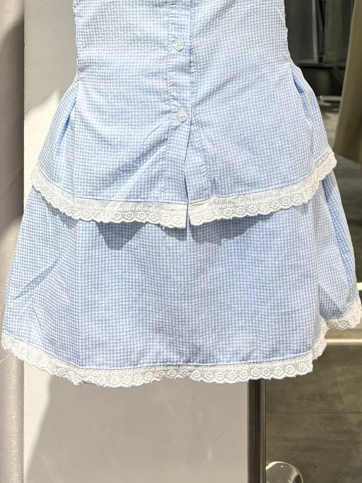 2-piece gingham lace-trim button-up top & mini skirt set