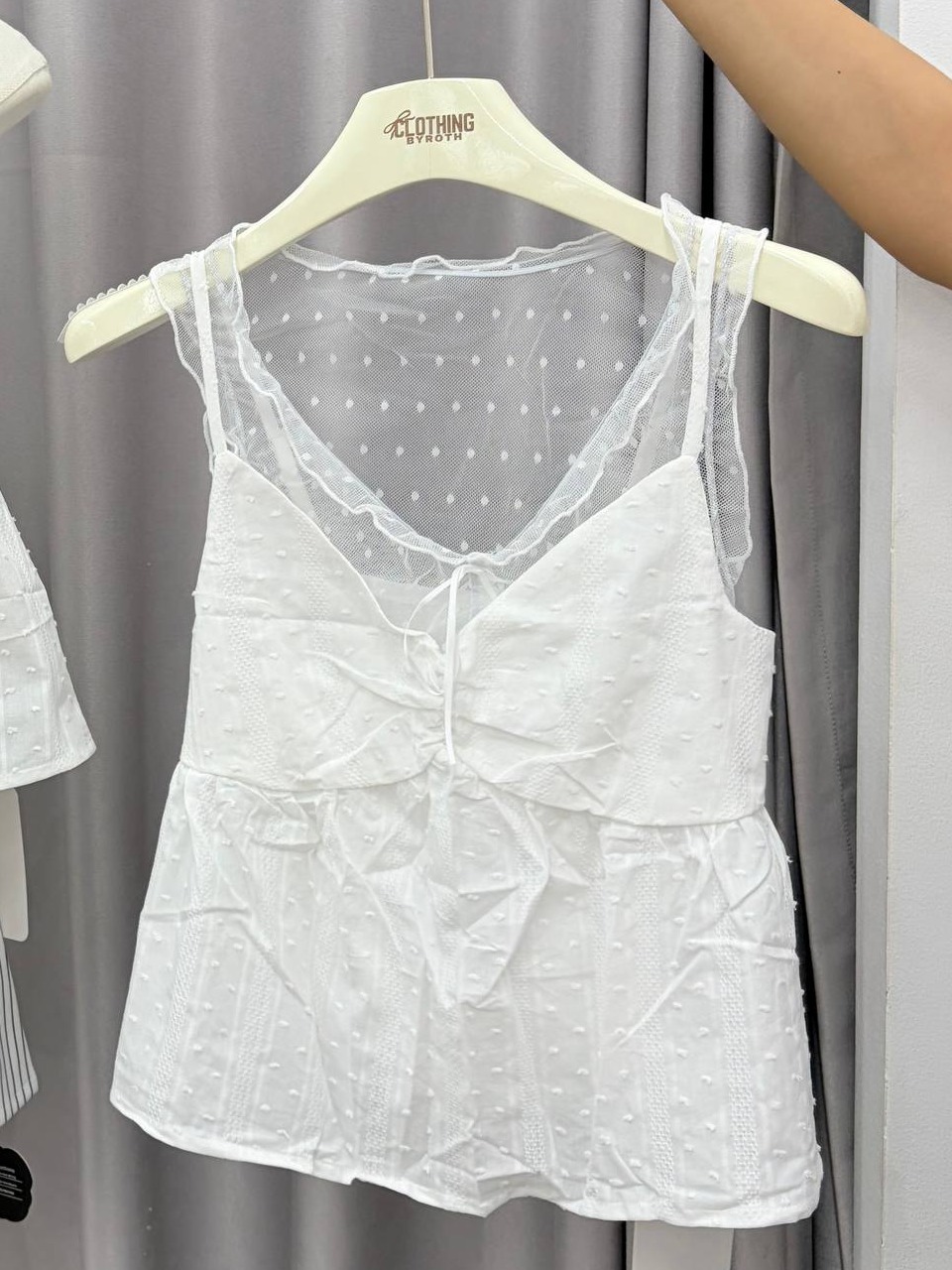 swiss dot lace-trim tie-front peplum top