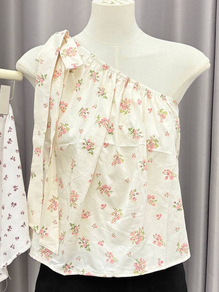 Floral and Ribbon-Print One-Shoulder Tie Top