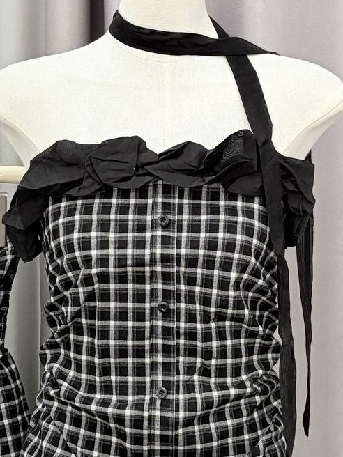 Plaid Strapless Button-up Top with Neck Tie