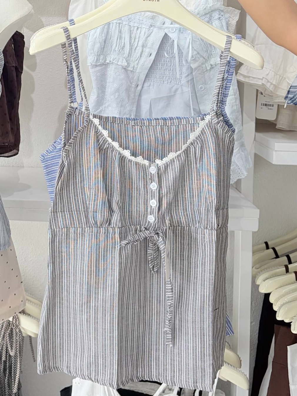 Striped lace-trim tie-front camisole top