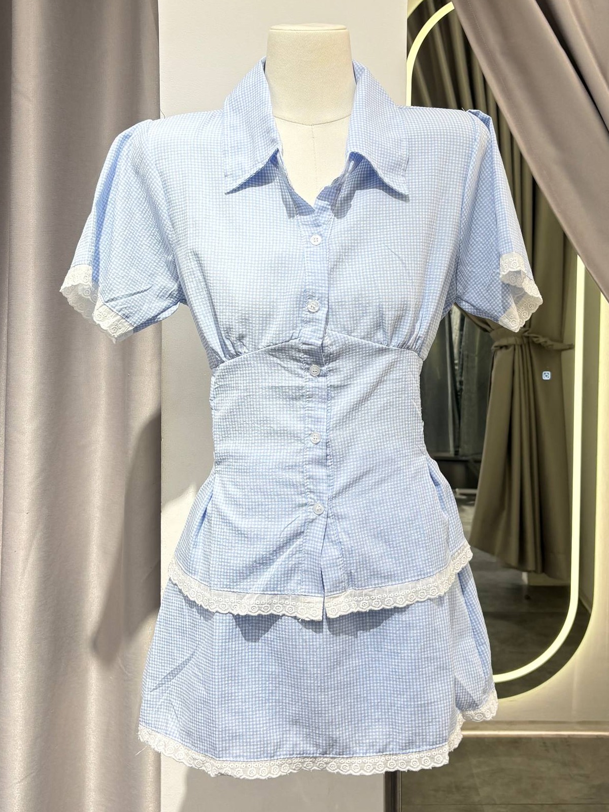 2-piece gingham lace-trim button-up top & mini skirt set