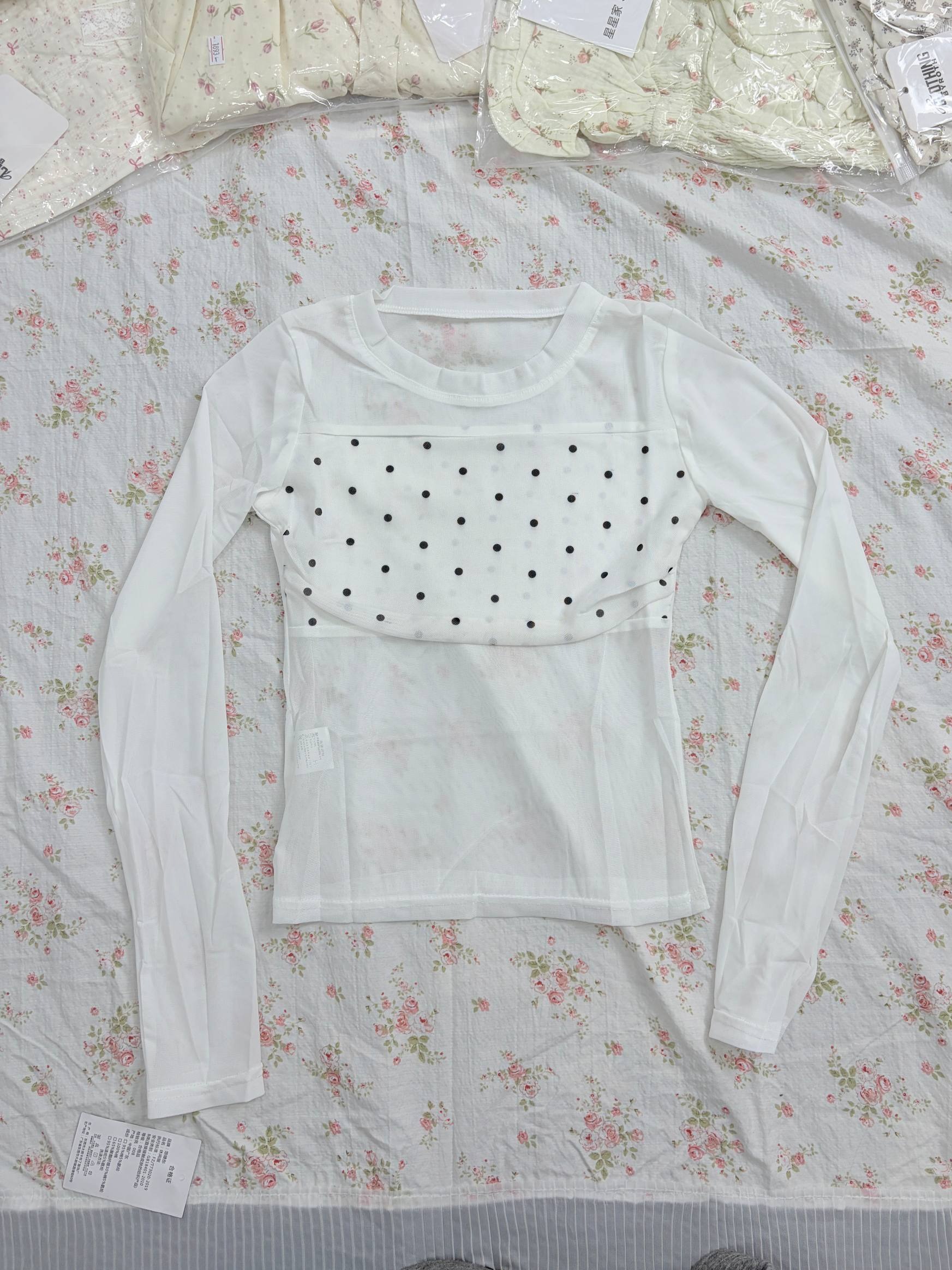 polka-dot bust-panel long sleeve top