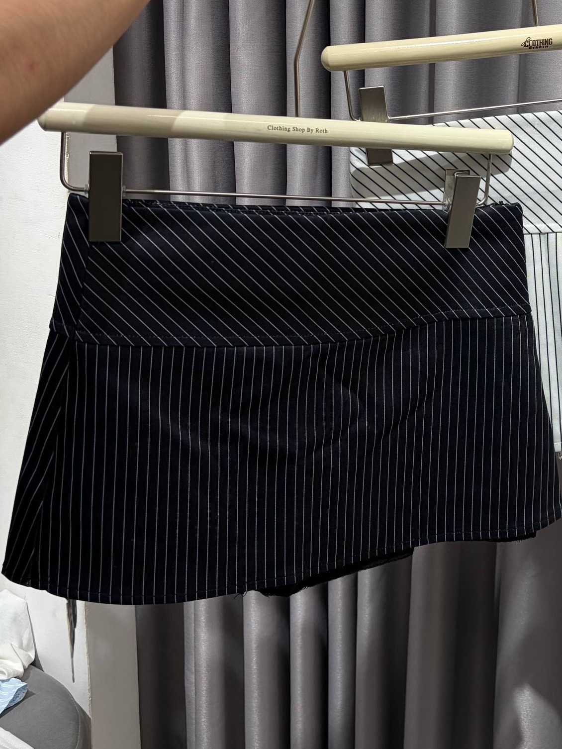 pinstripe pleated drop-waist mini skirt
