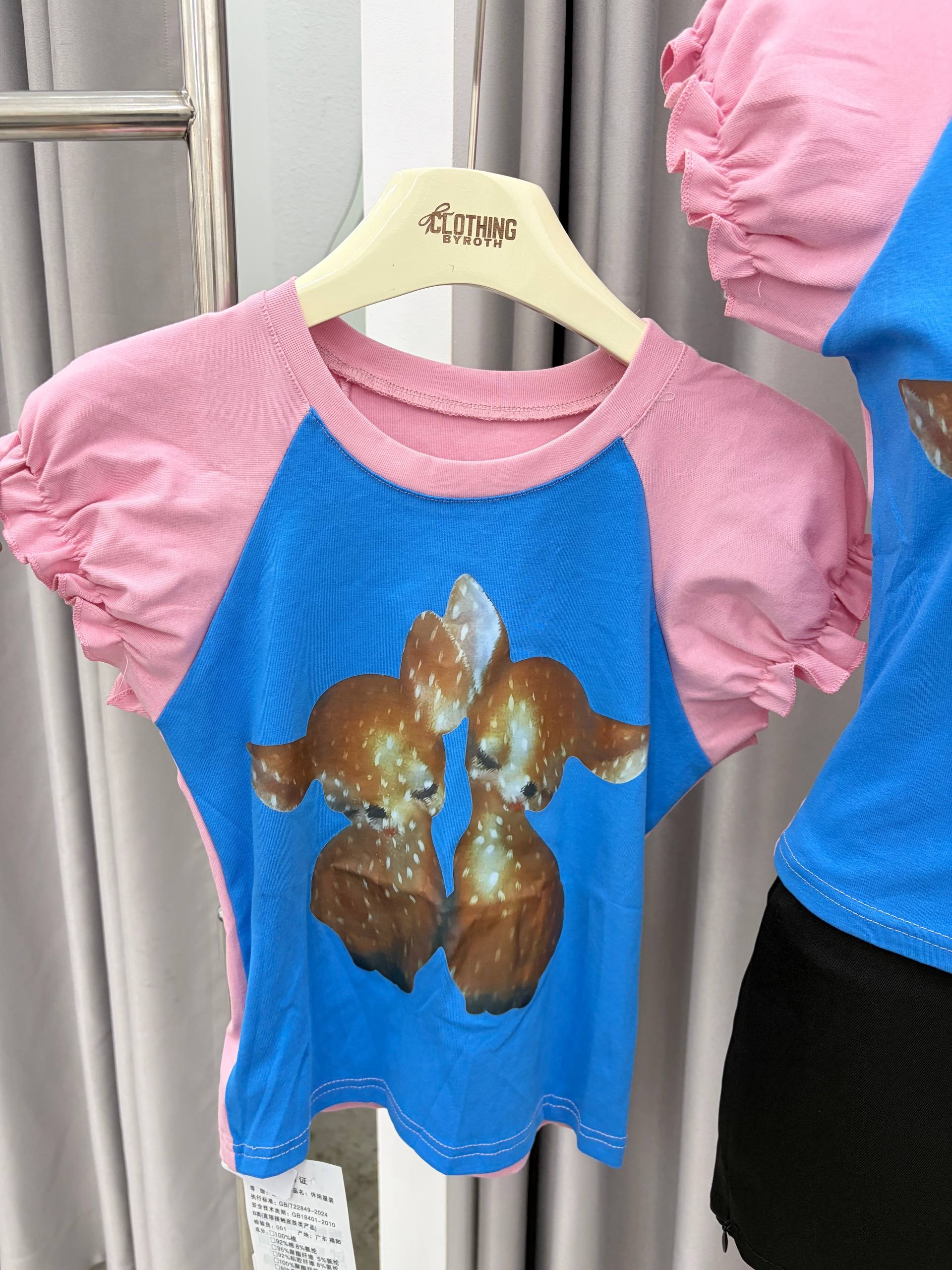 deer graphic raglan puff-sleeve baby tee