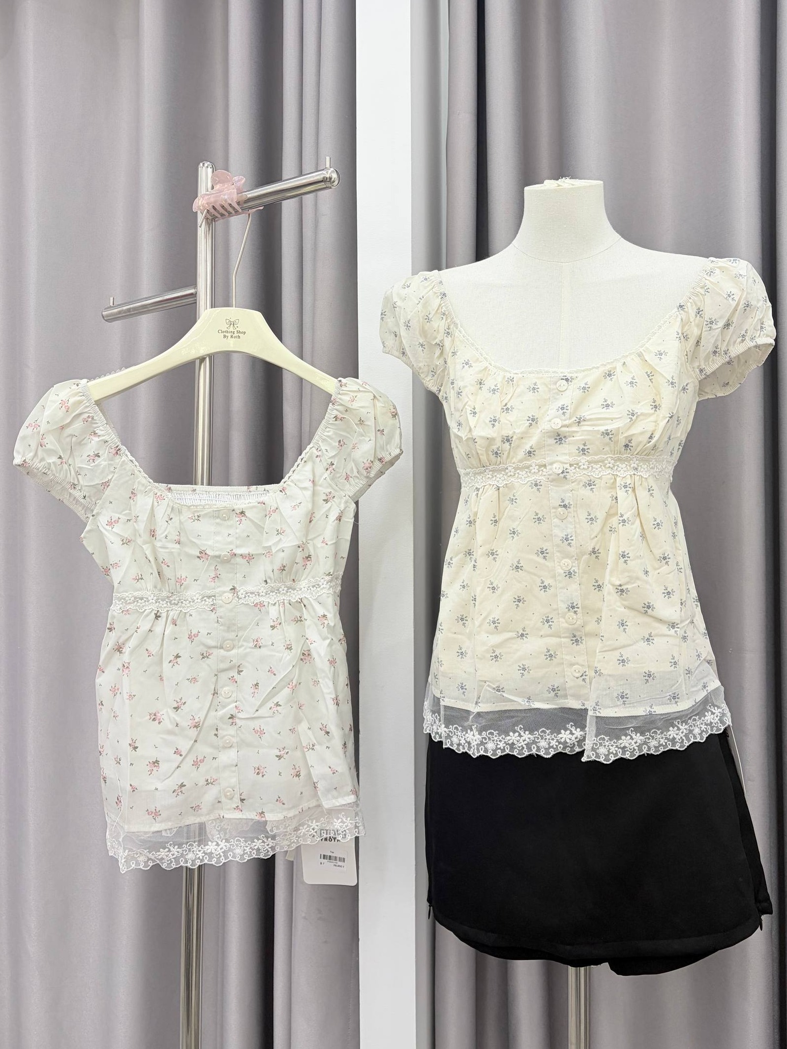 Floral lace-trim milkmaid button-front top