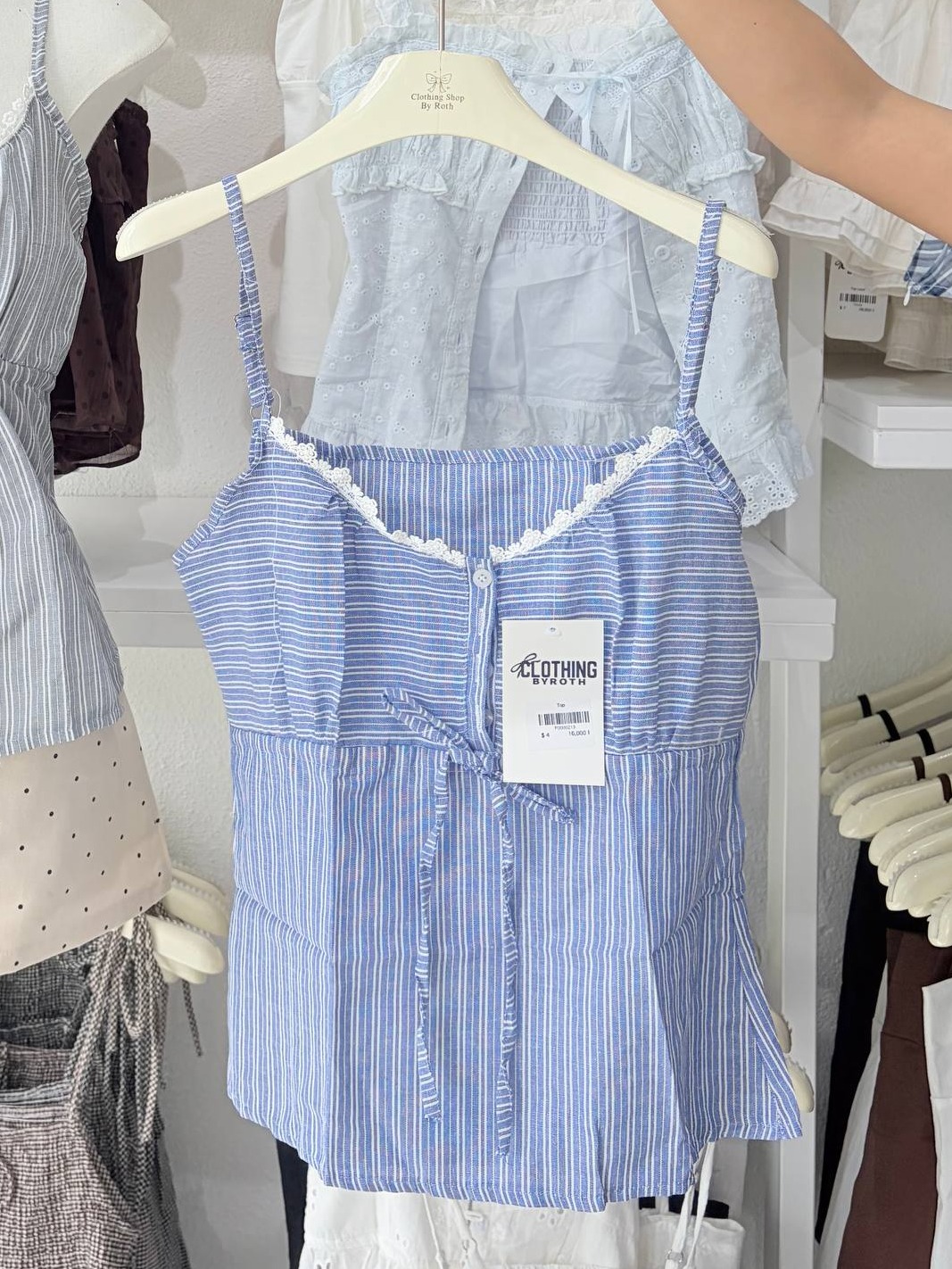 Striped lace-trim tie-front camisole top