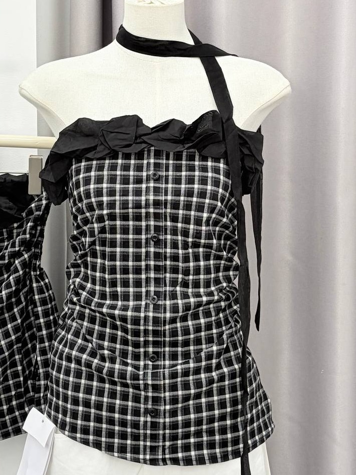 Plaid Strapless Button-up Top with Neck Tie