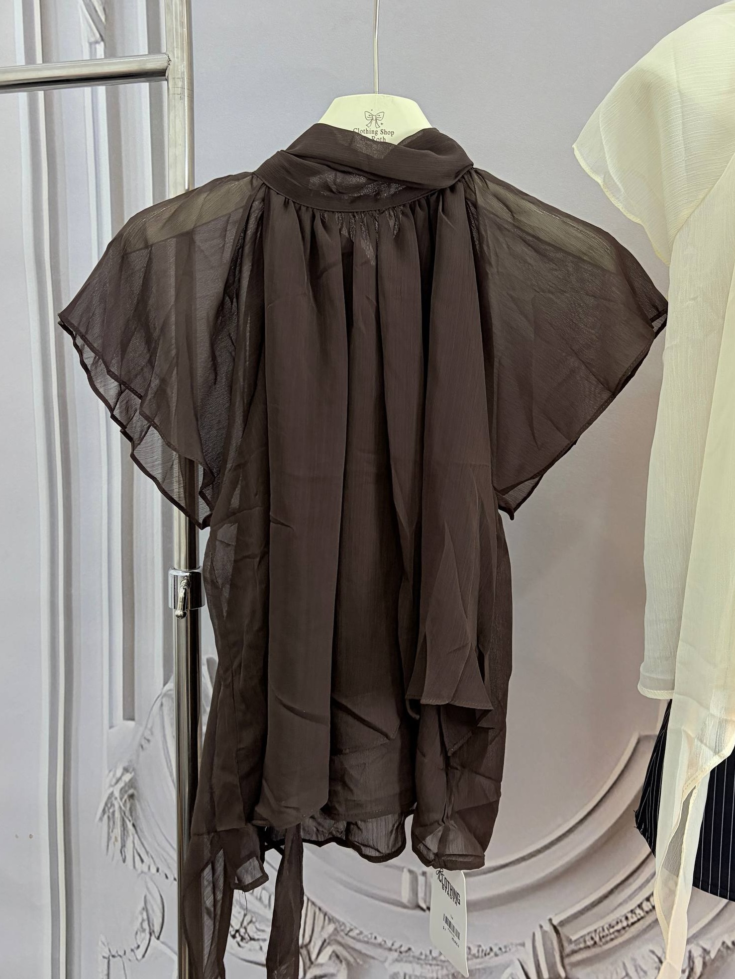 high-neck drape scarf organza blouse
