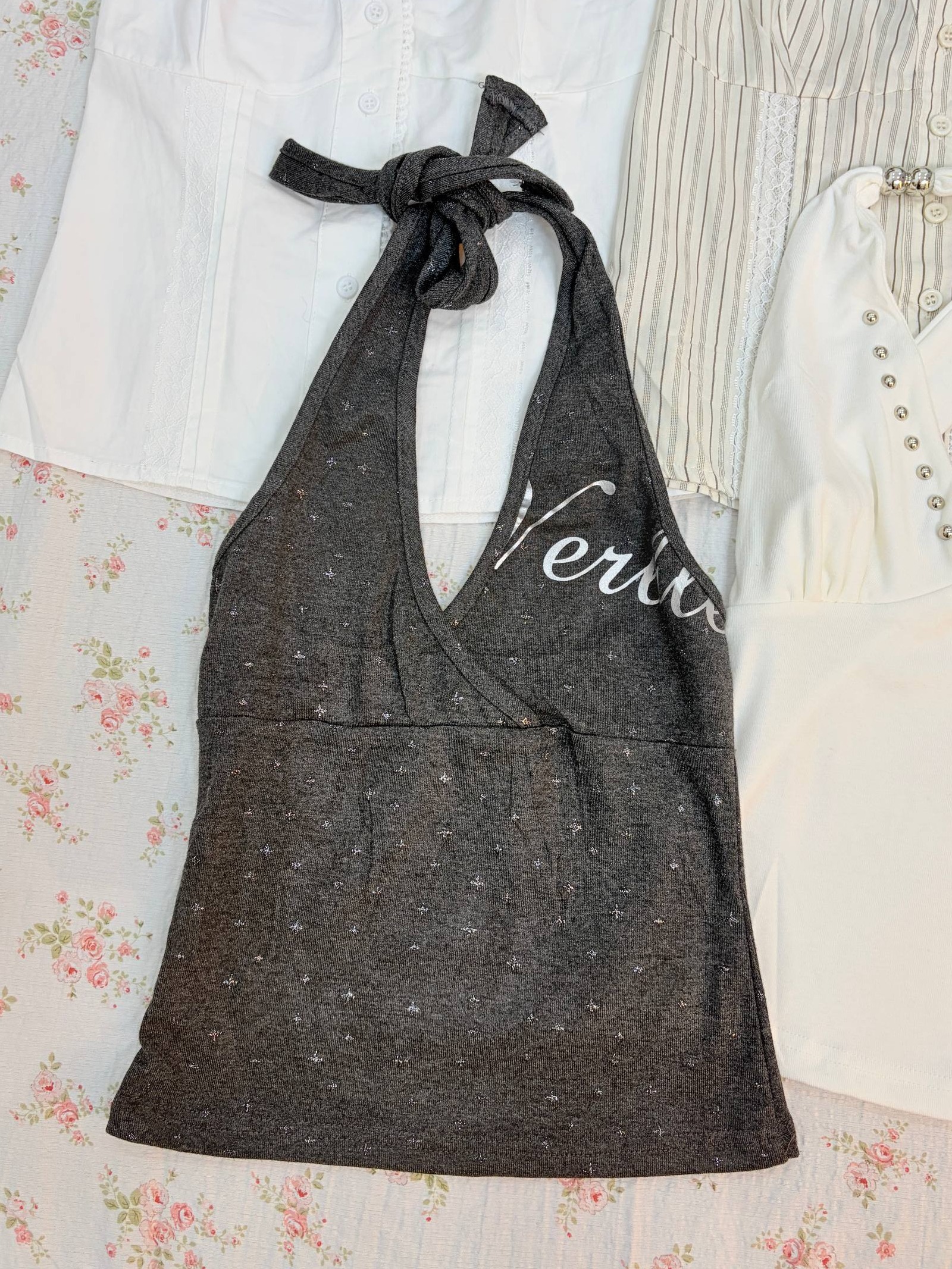 Surplice tie-halter graphic top