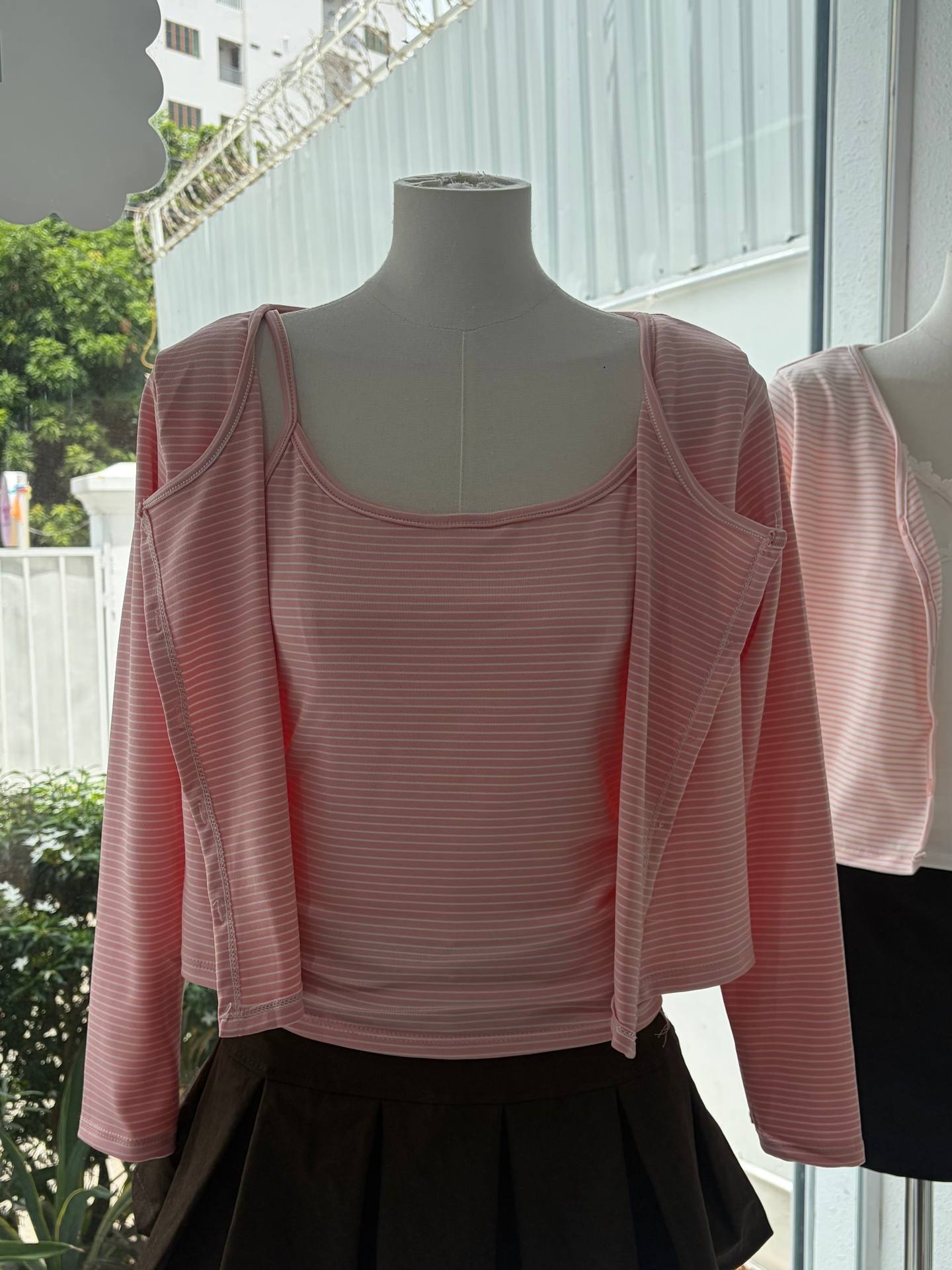 2-piece striped cami & open-front cardigan twin set