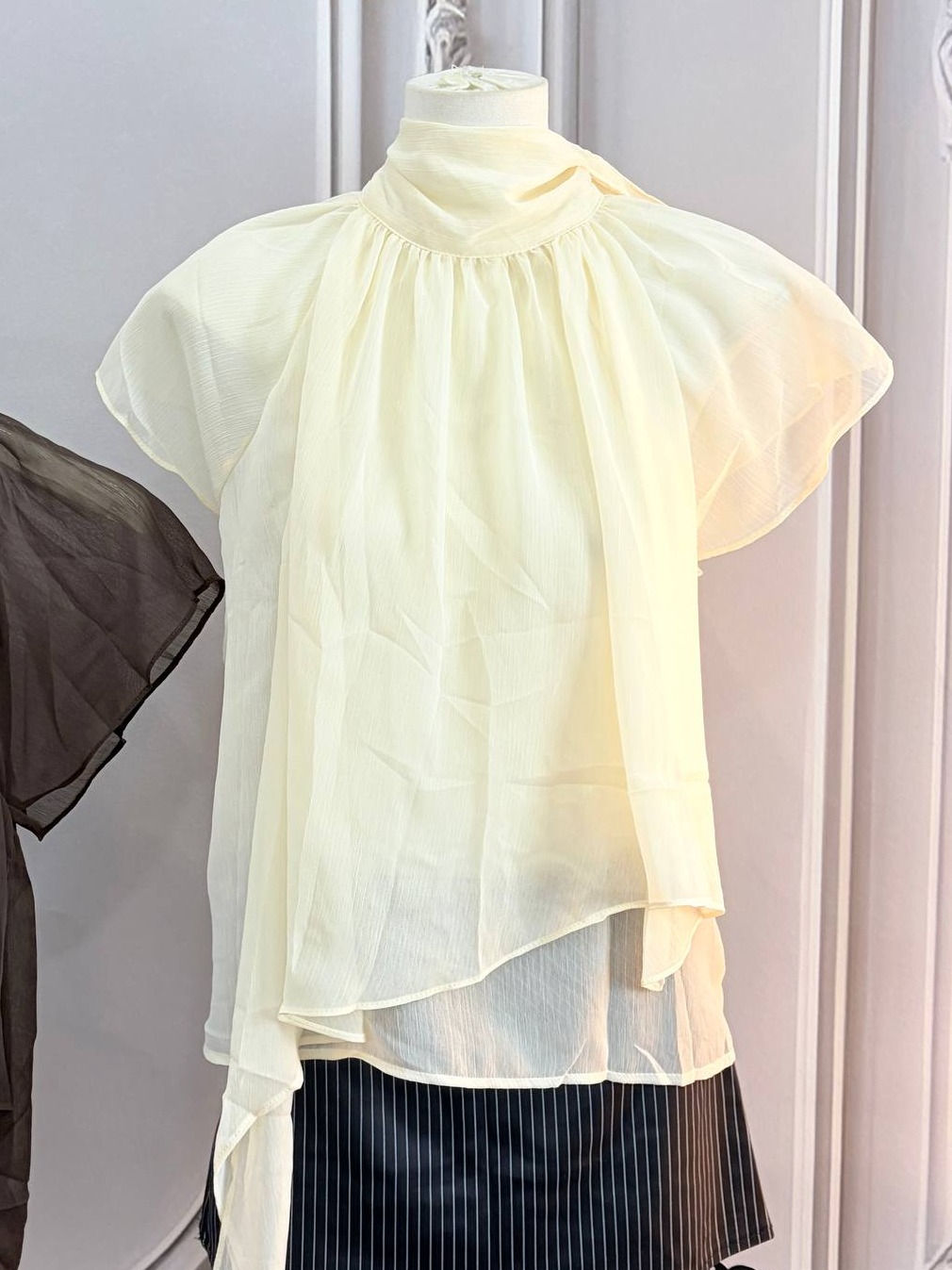 high-neck drape scarf organza blouse