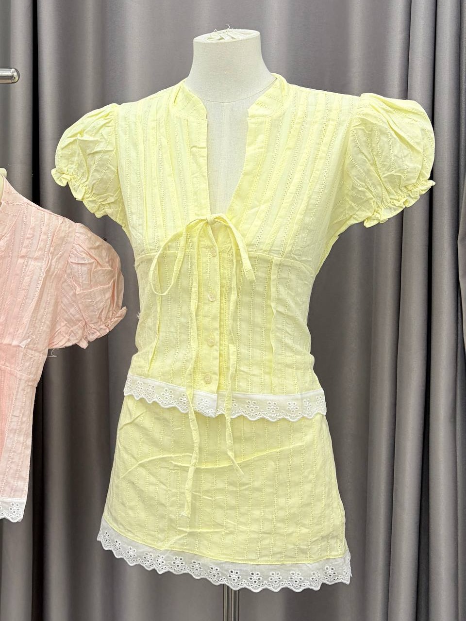 lace-trim tie-front peplum blouse and eyelet skort