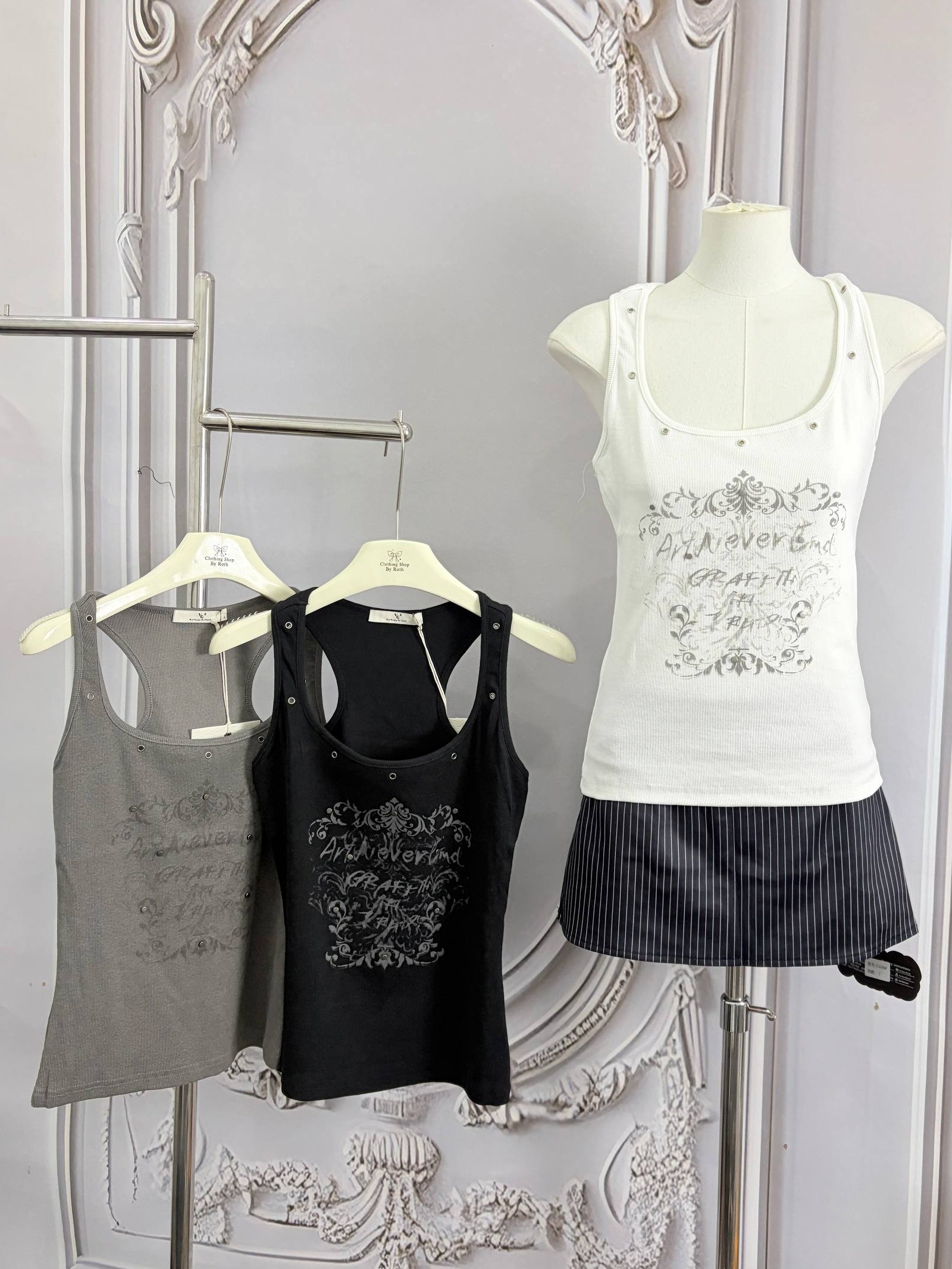 studded baroque graphic ribbed racerback tank top
