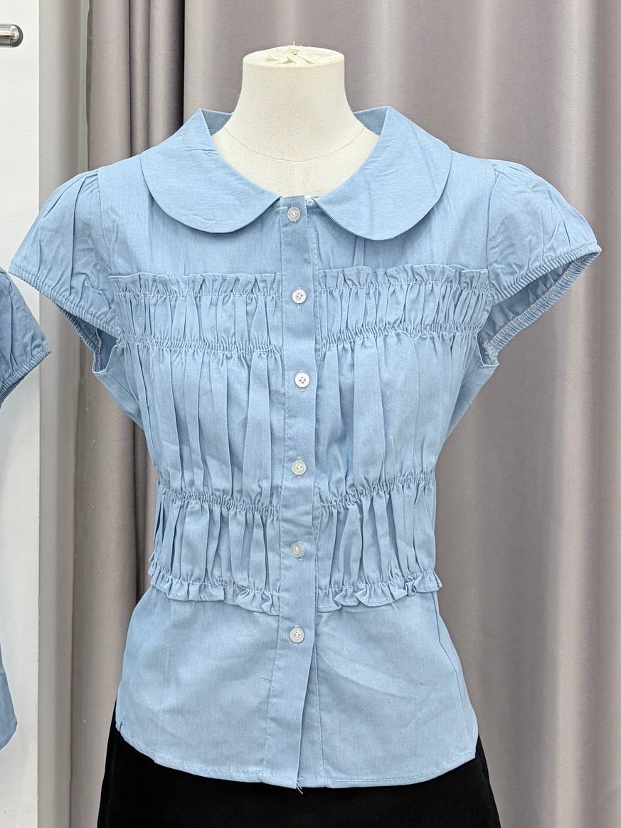 Peter Pan Collar Short-Sleeve Smocked Blouse