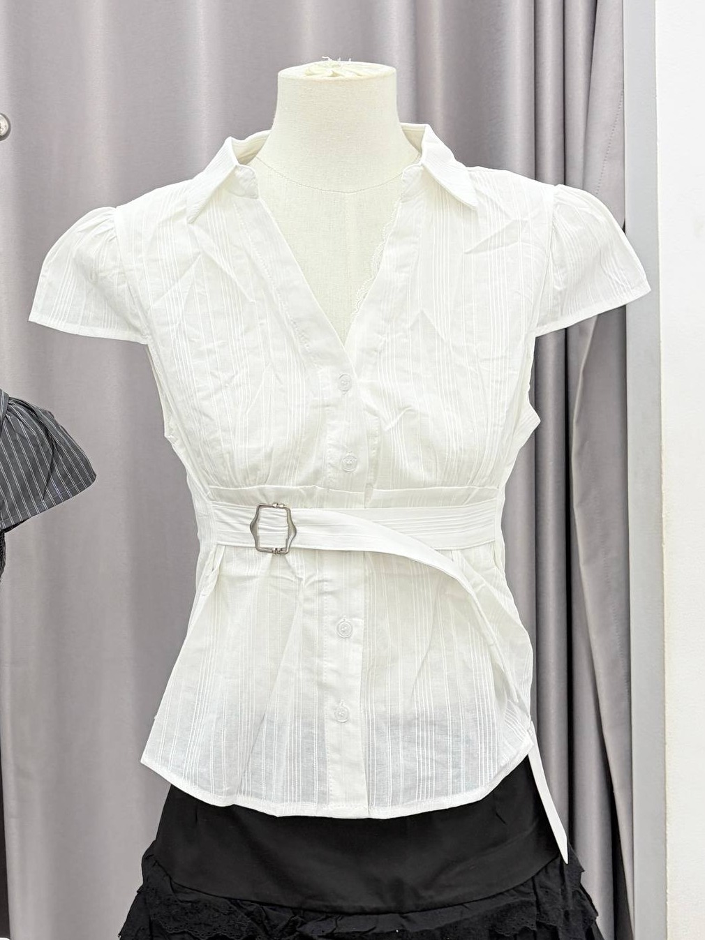 Belted cap-sleeve button-up blouse