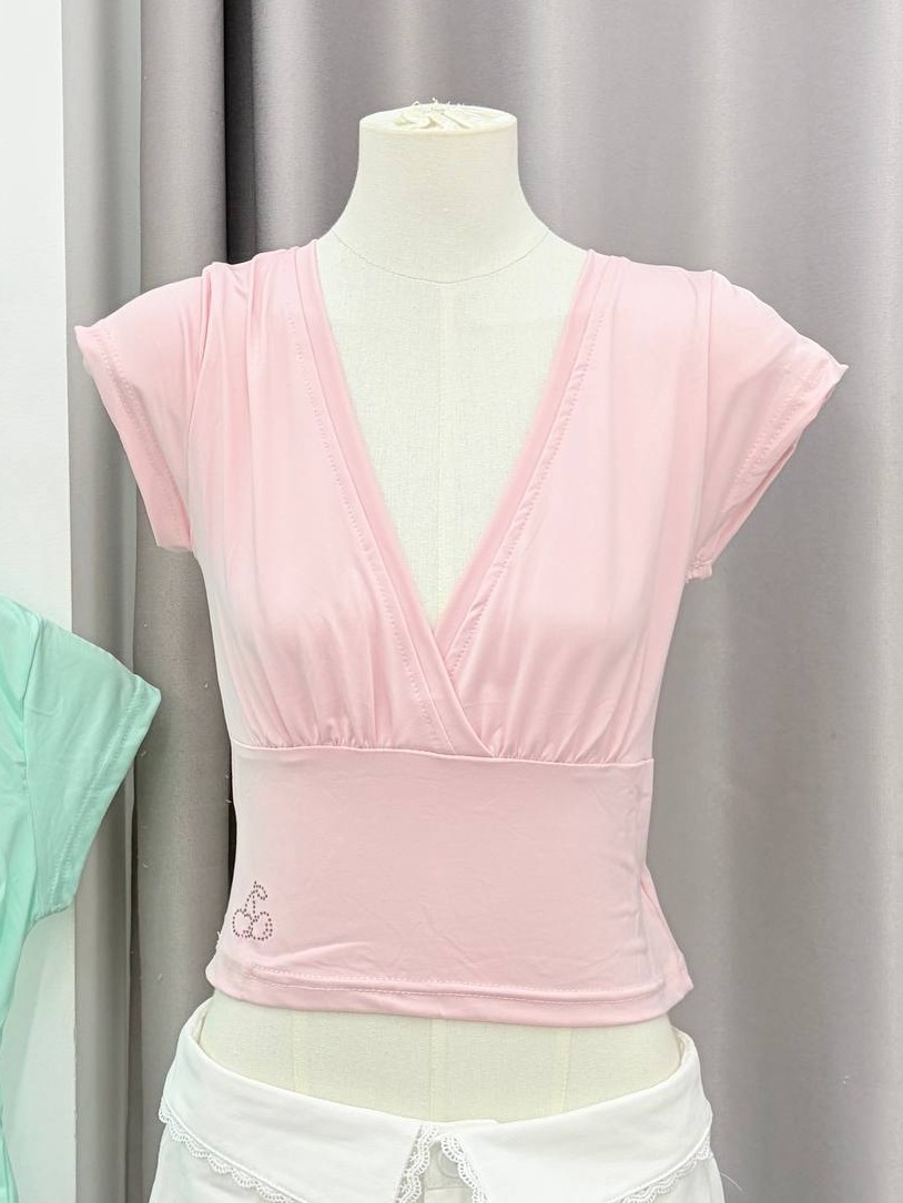Deep V-Neck Fitted Cap-sleeve Top