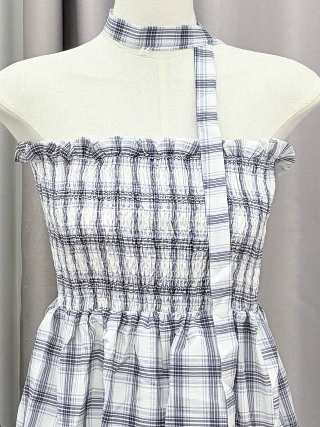 Karo Smocked Plaid Tube Top with Neck Scarf