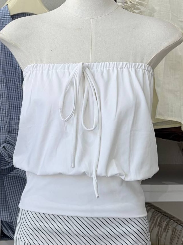 drawstring tie-front strapless bubble top