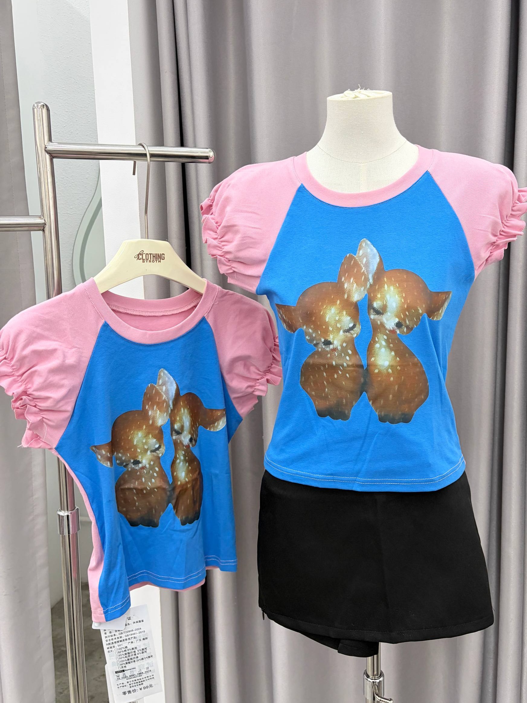 deer graphic raglan puff-sleeve baby tee