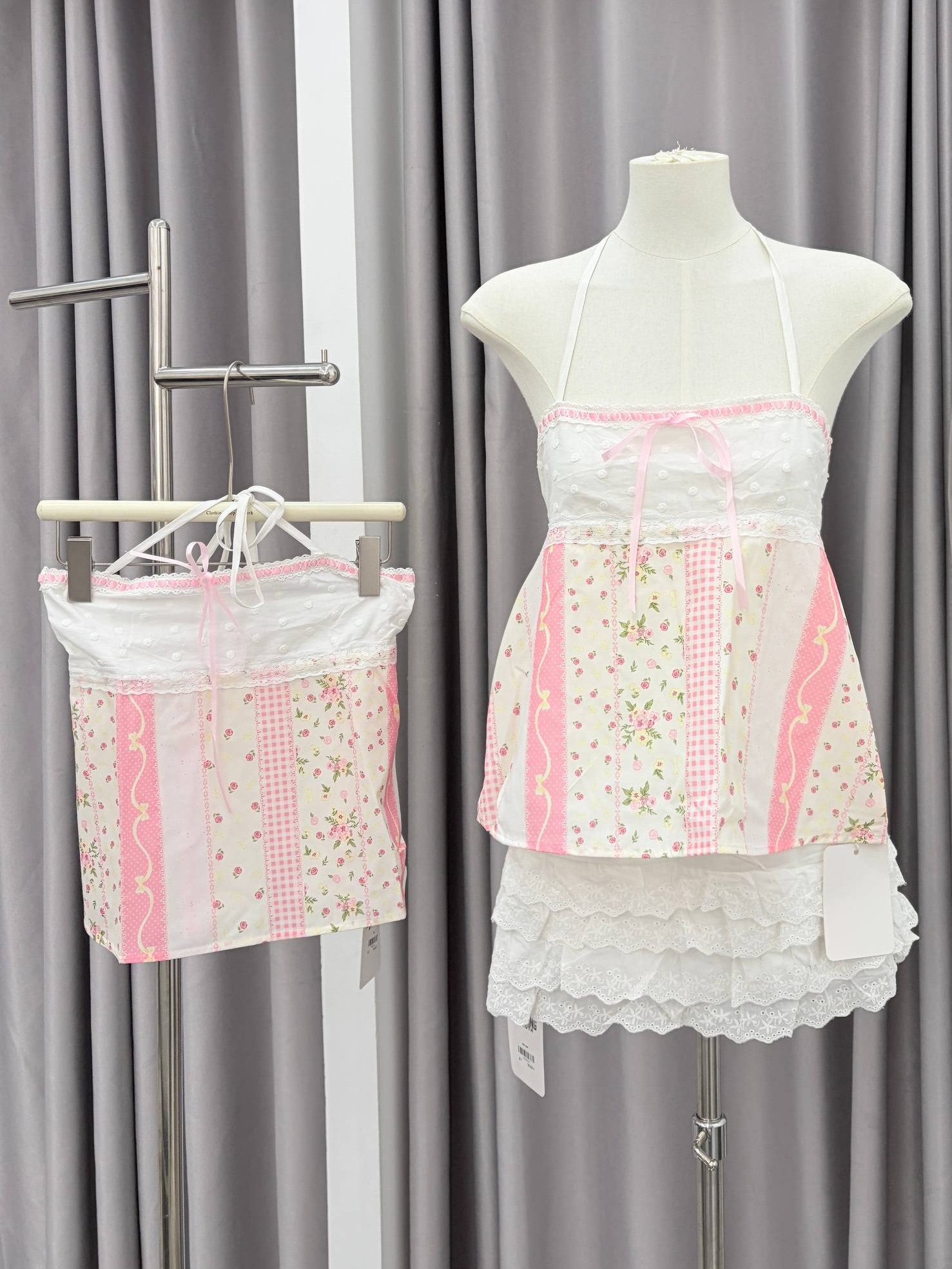 Patchwork floral lace-trim halter babydoll top