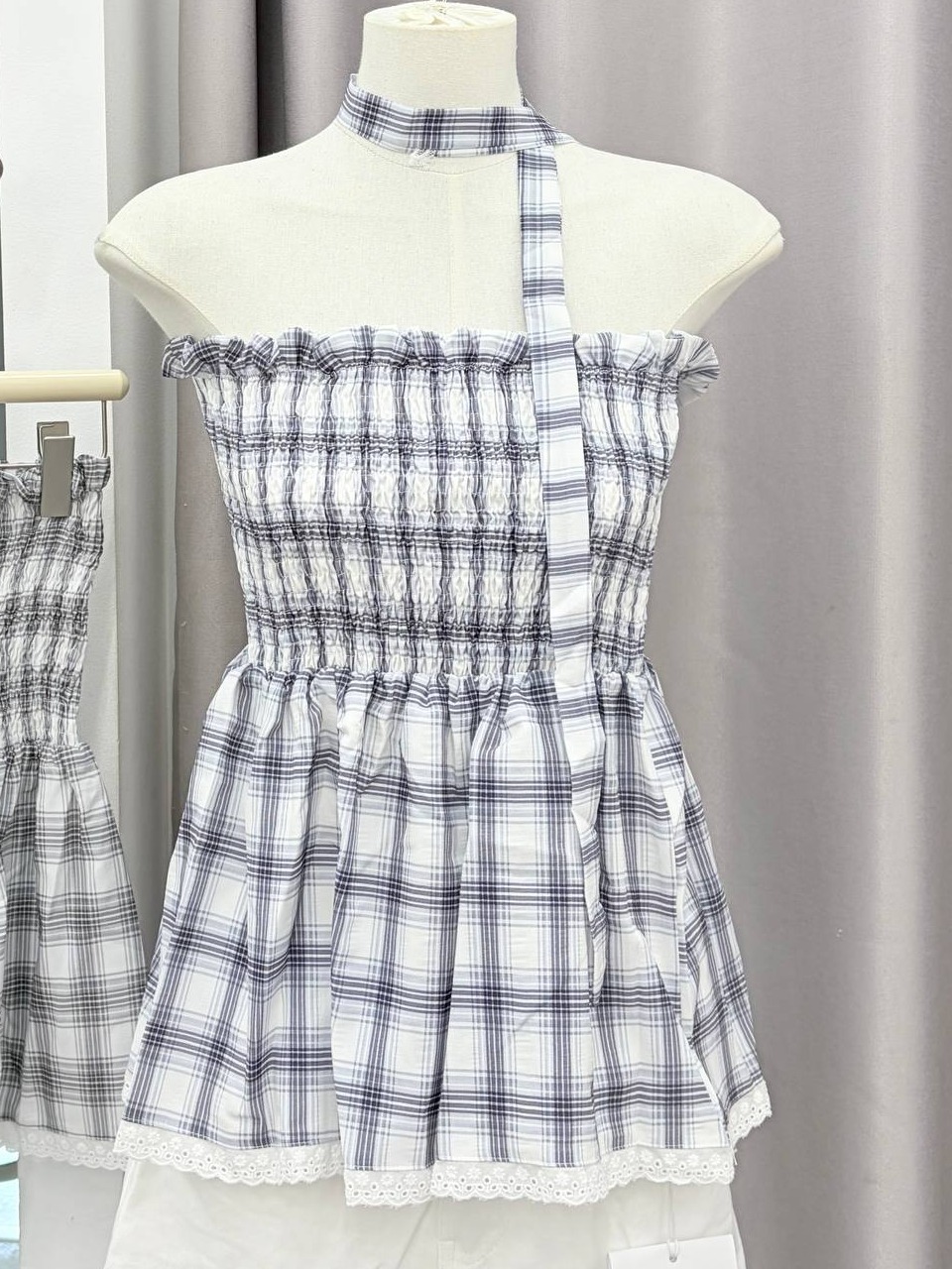 Karo Smocked Plaid Tube Top with Neck Scarf