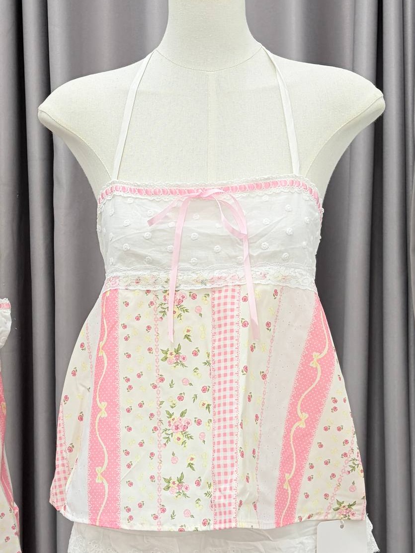 Patchwork floral lace-trim halter babydoll top
