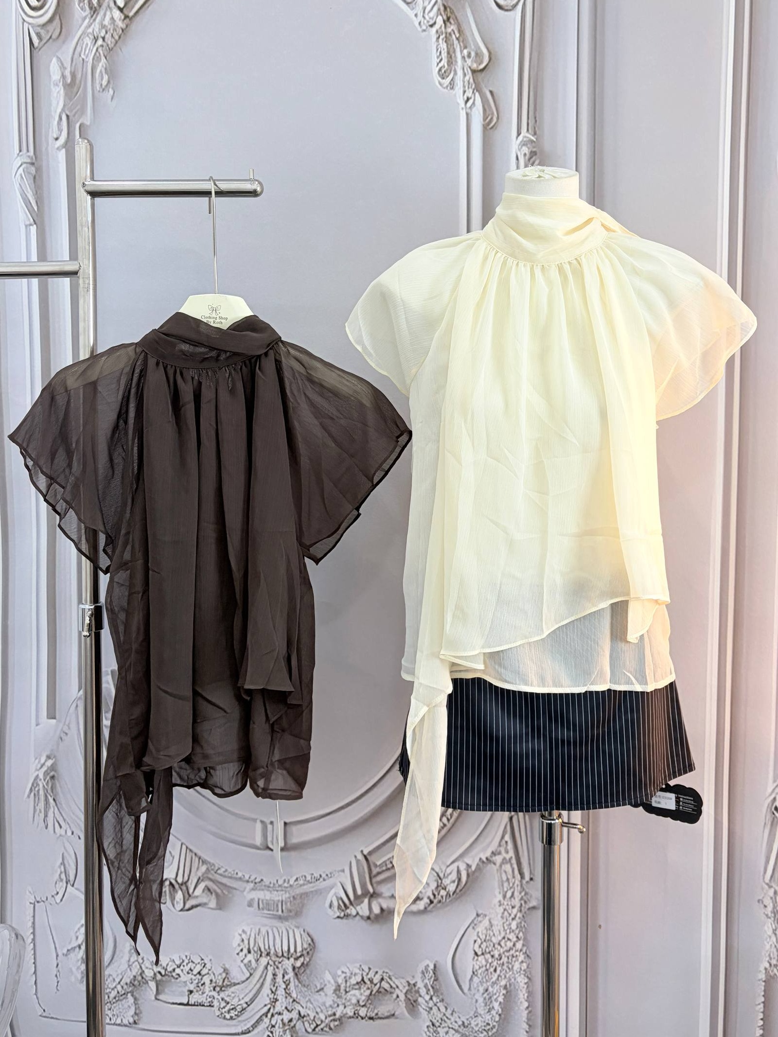 high-neck drape scarf organza blouse