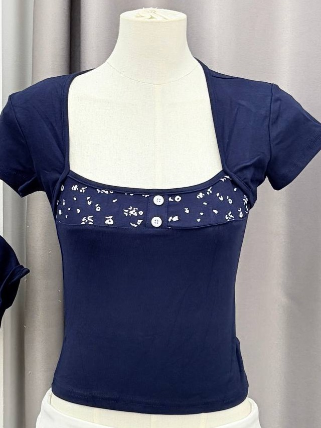 Flora Trim Square-Neck Fitted Tee