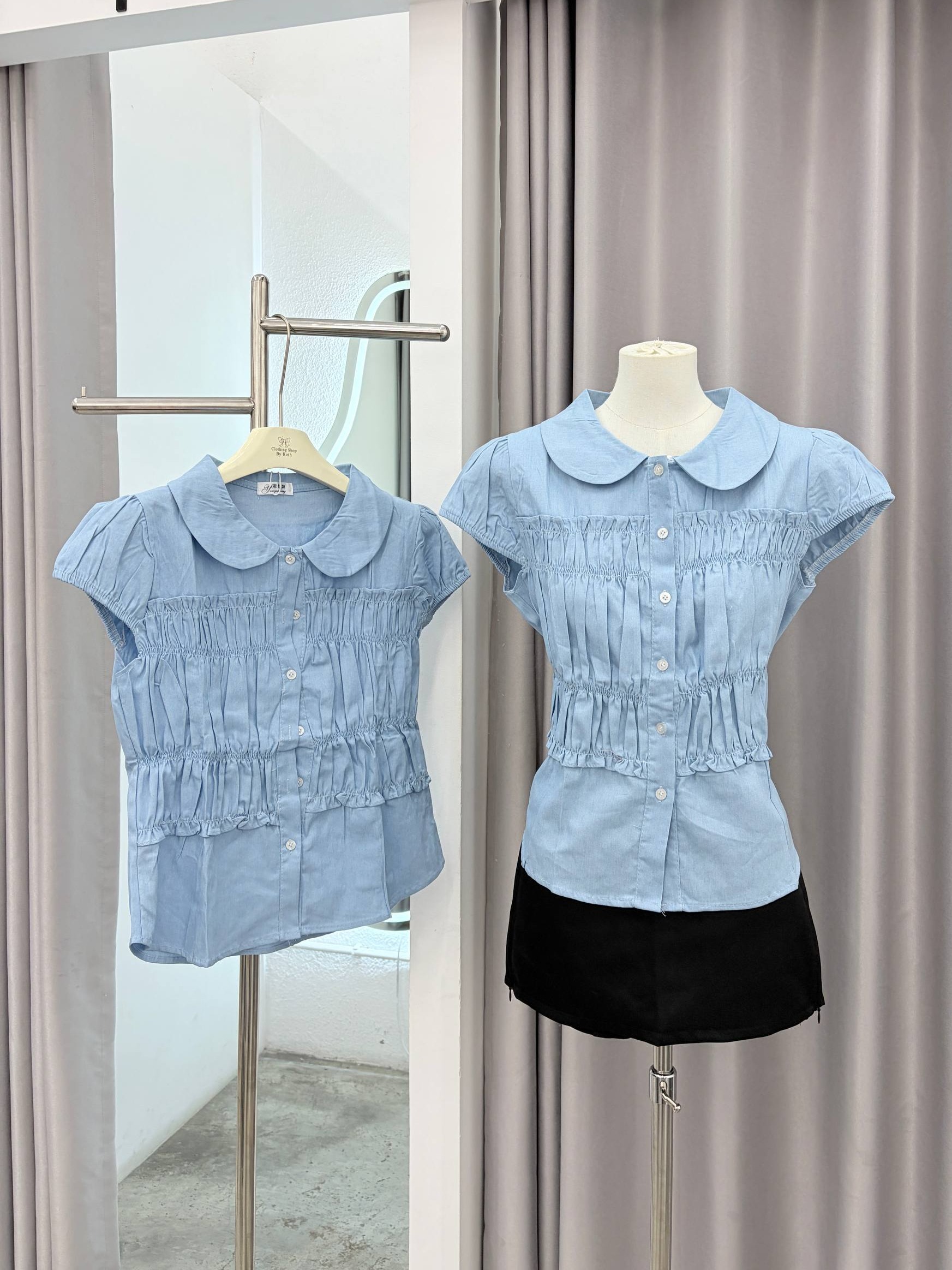 Peter Pan Collar Short-Sleeve Smocked Blouse