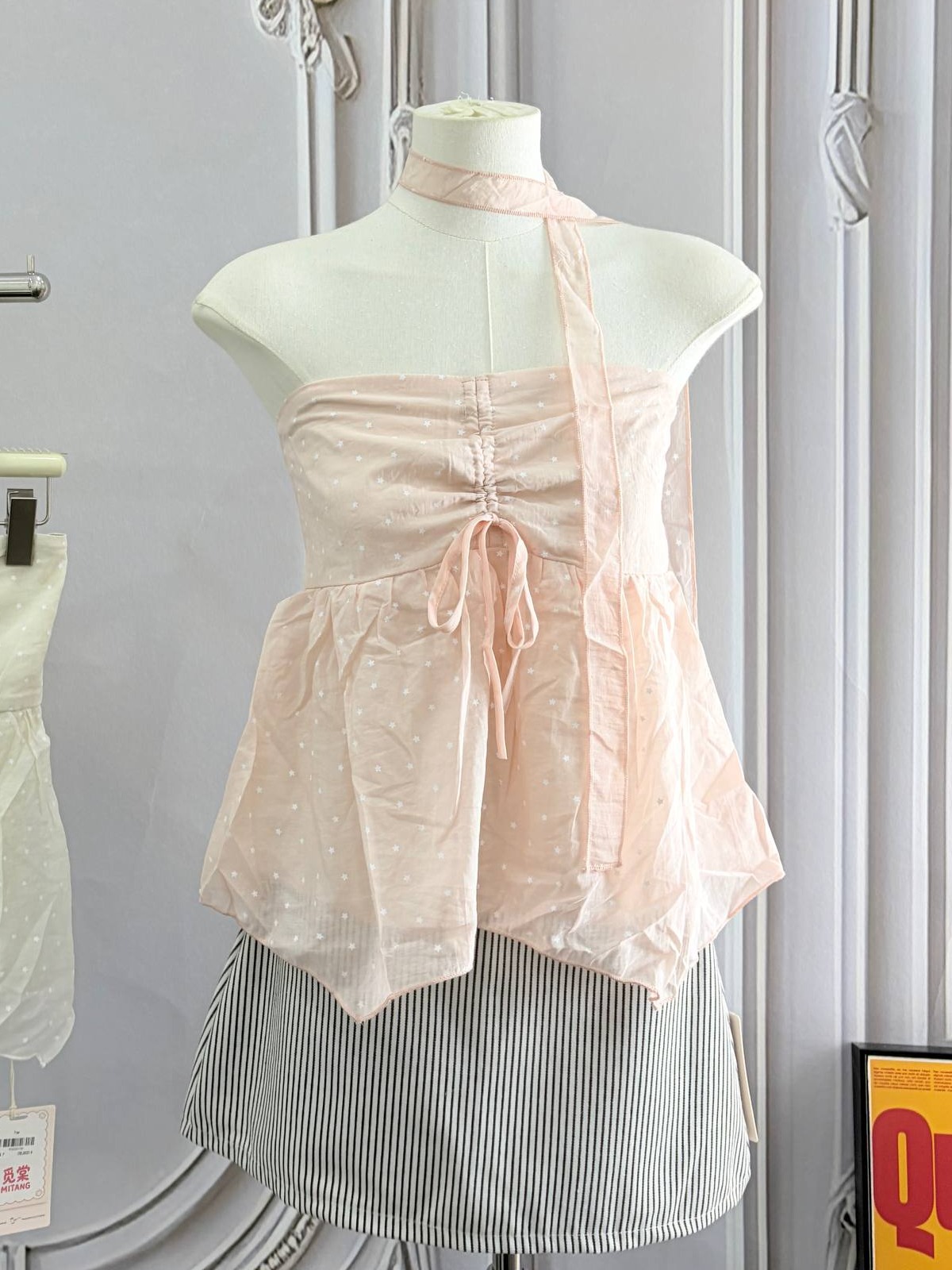 Sheer polka dot strapless top with neck scarf