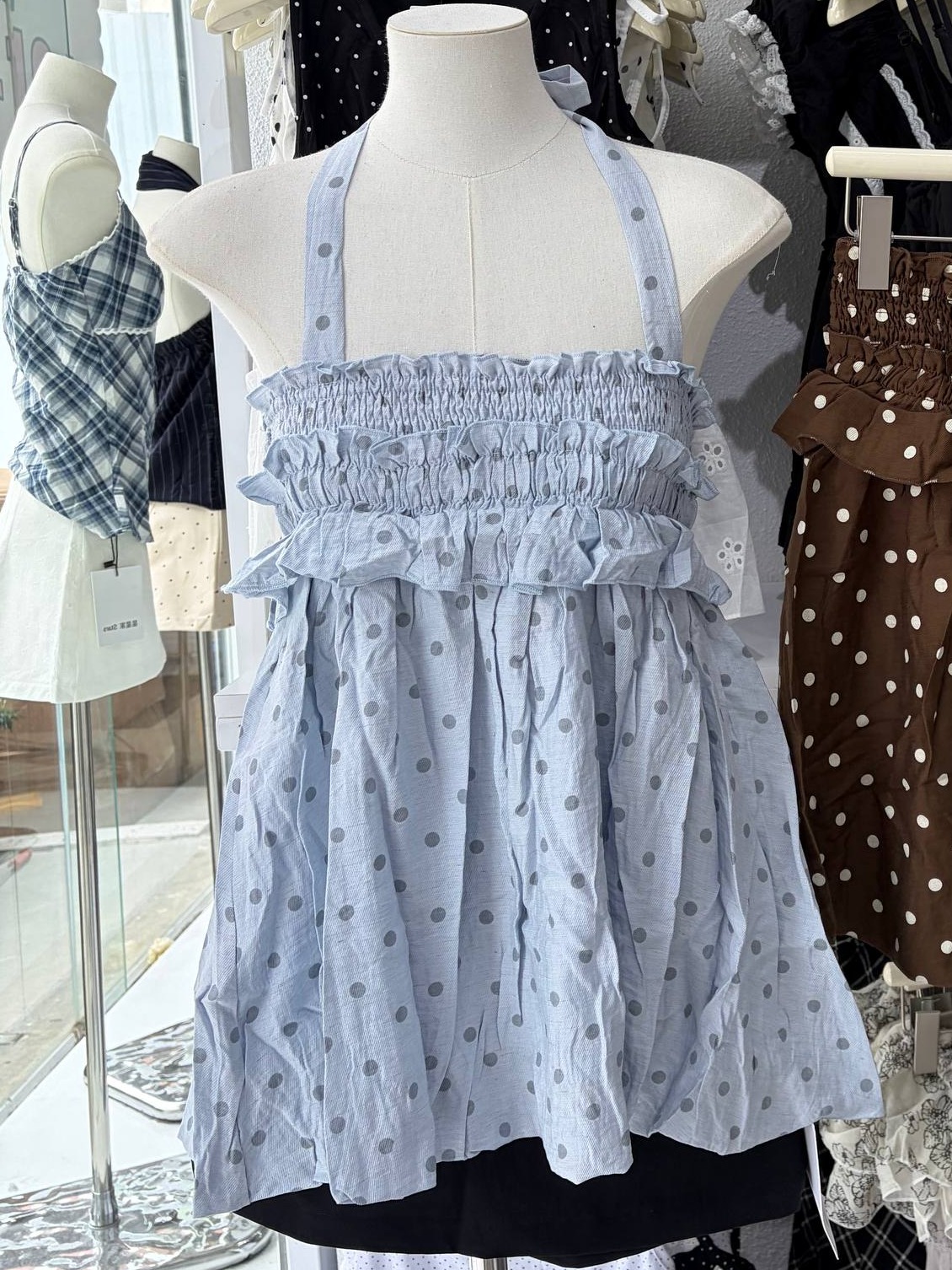 Polka dot smocked halter babydoll top