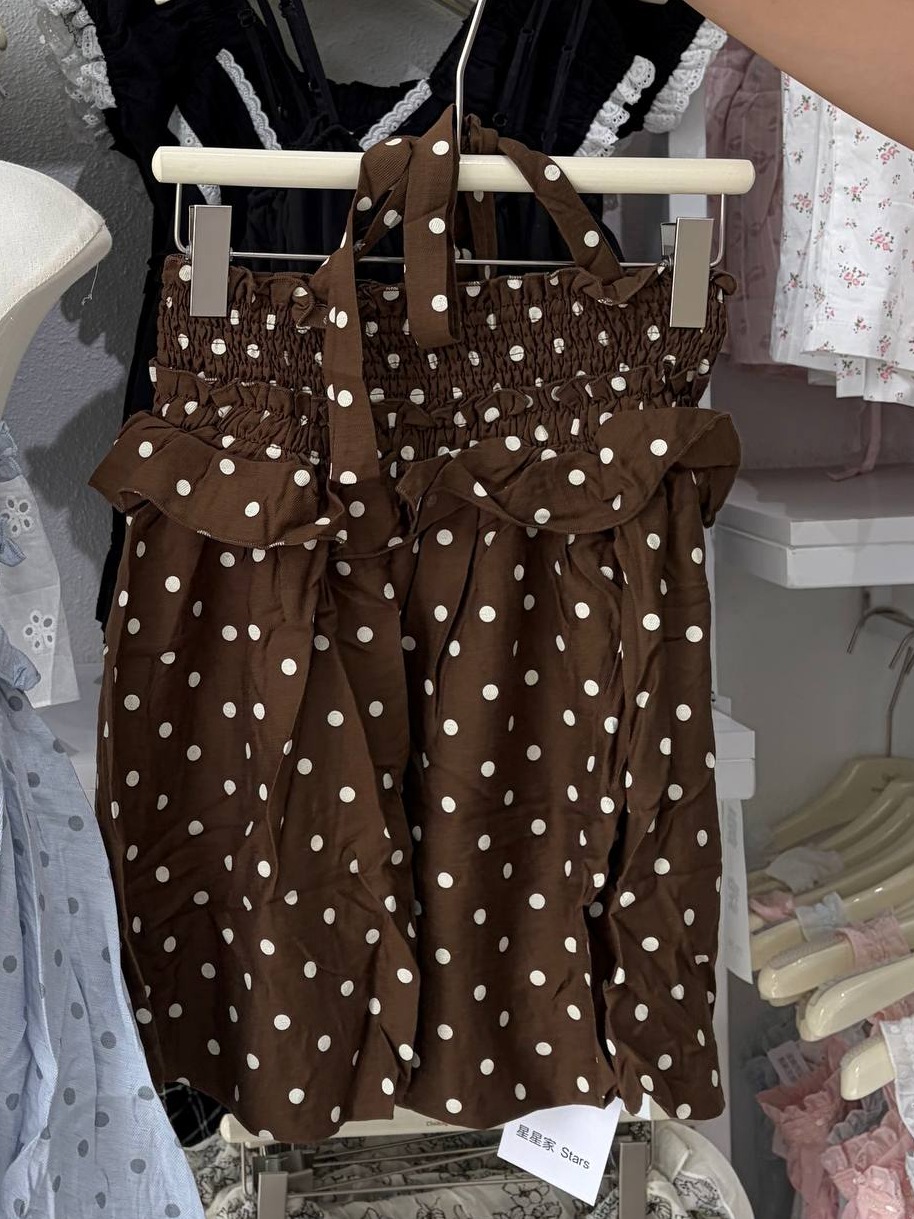 Polka dot smocked halter babydoll top