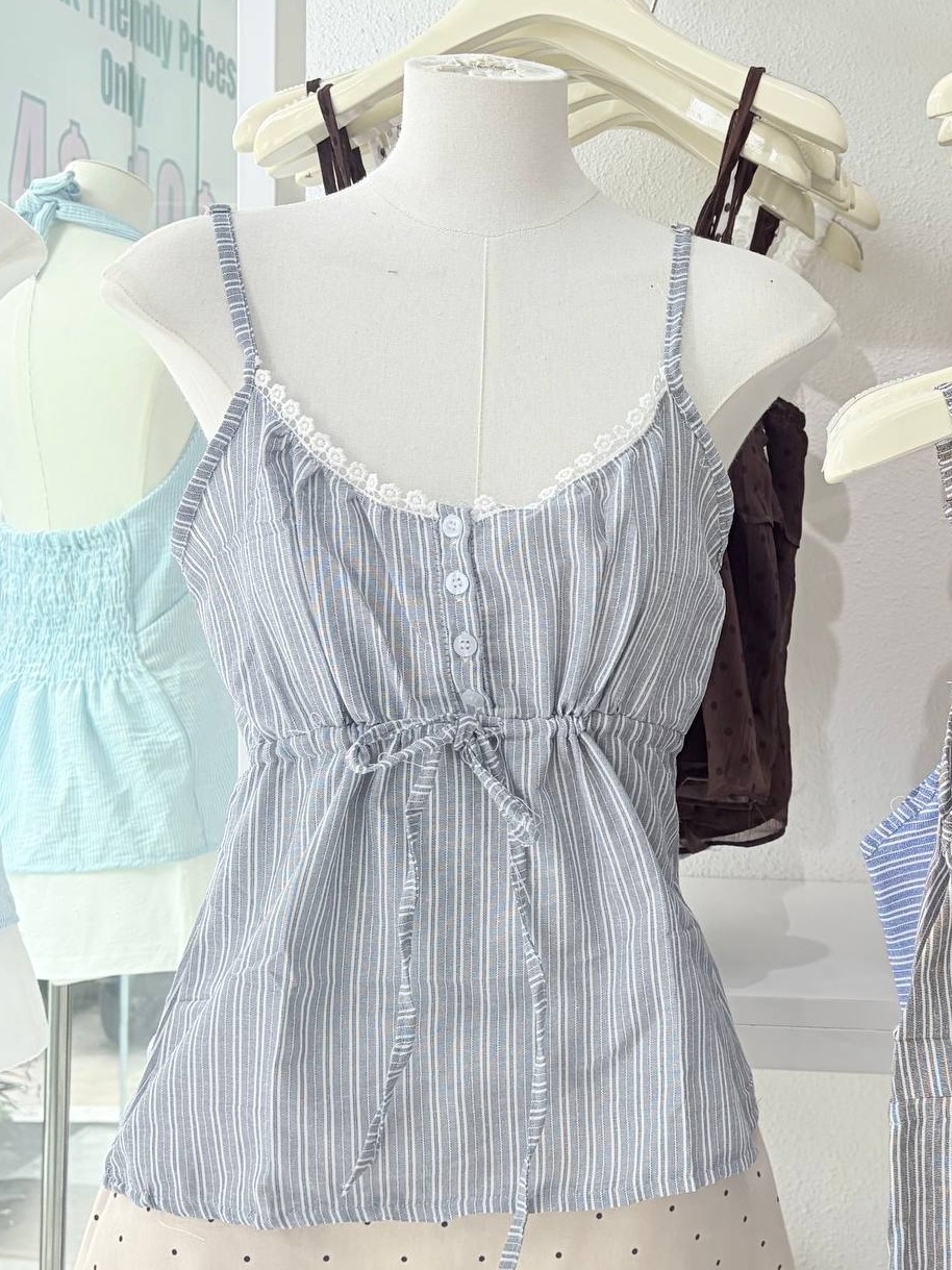 Striped lace-trim tie-front camisole top