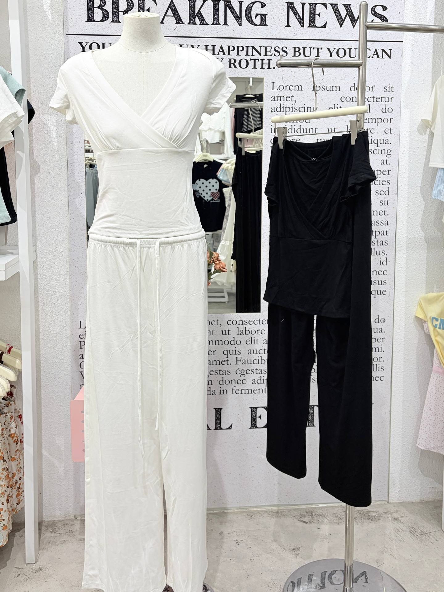 Short-sleeve wrap top with Wide-leg drawstring lounge pants