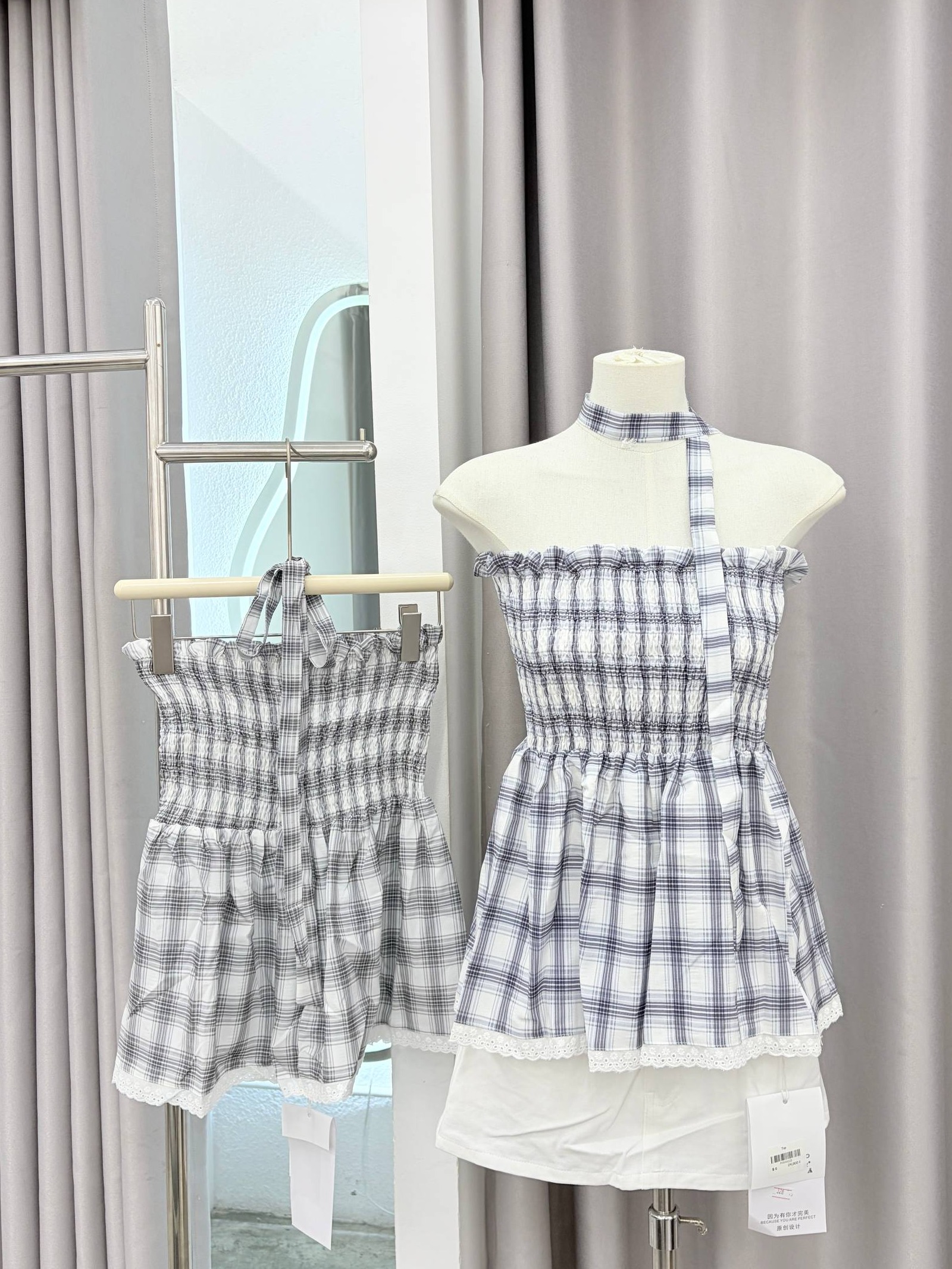 Karo Smocked Plaid Tube Top with Neck Scarf