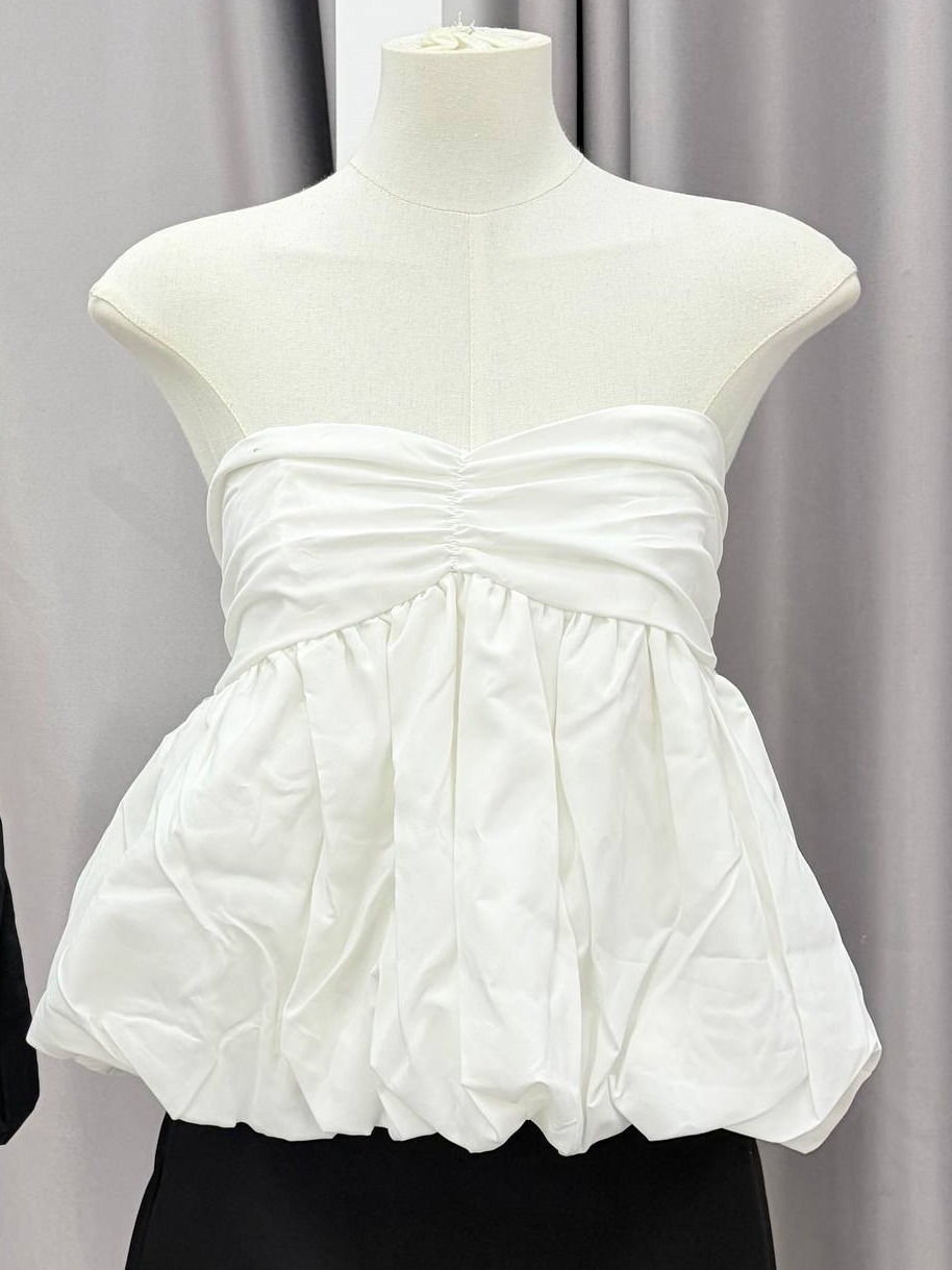 Strapless ruched bubble-hem tube top