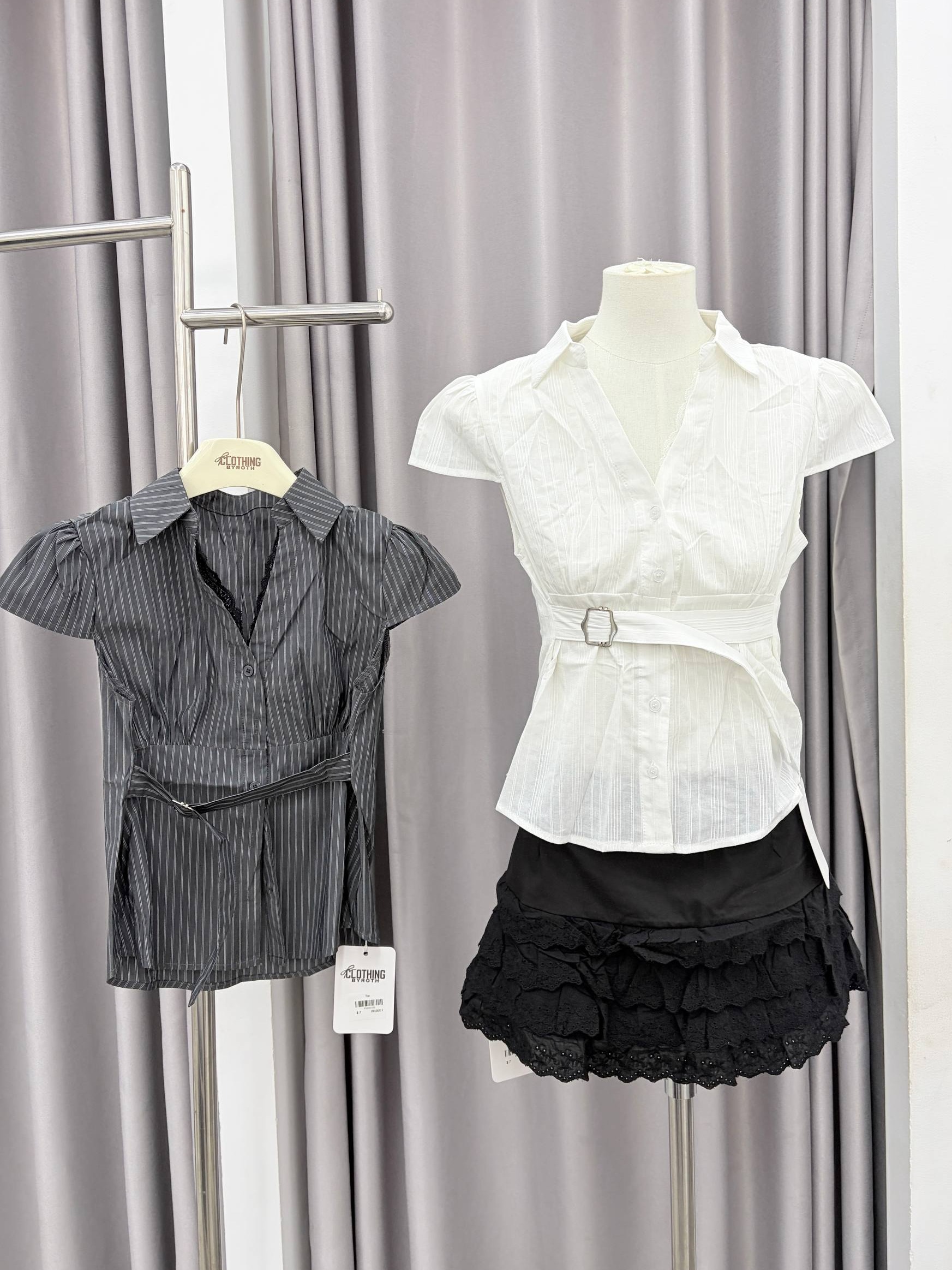Belted cap-sleeve button-up blouse