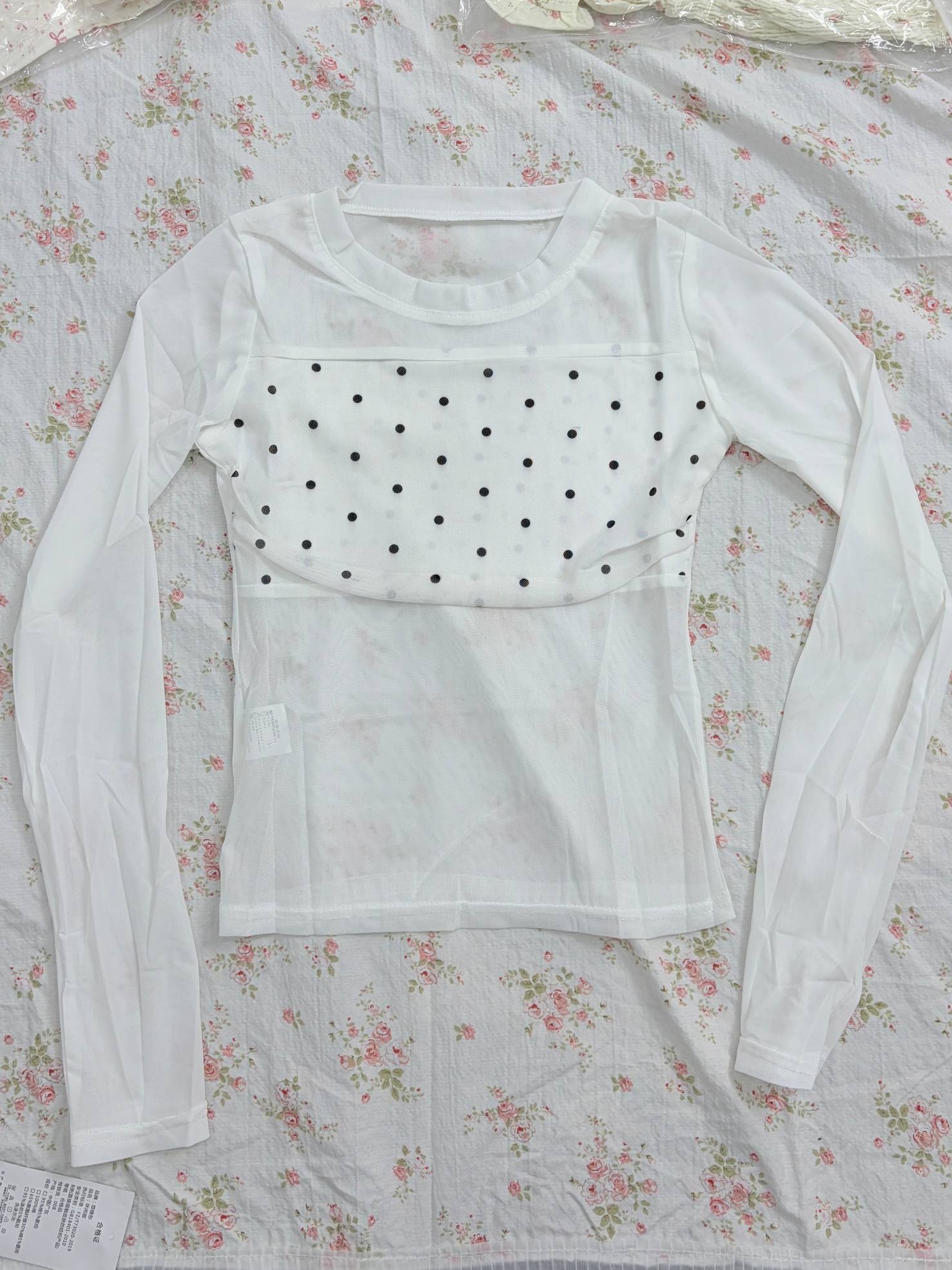 polka-dot bust-panel long sleeve top