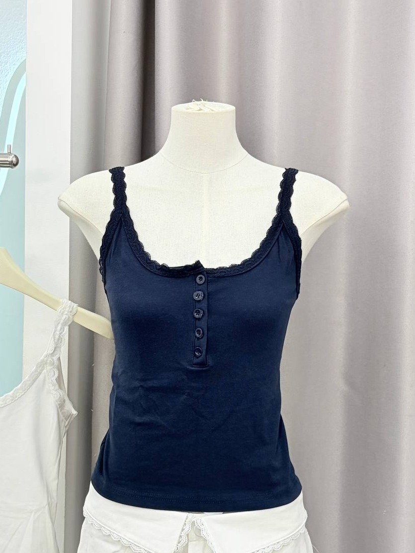 Lace-Trim Henley Tank Top