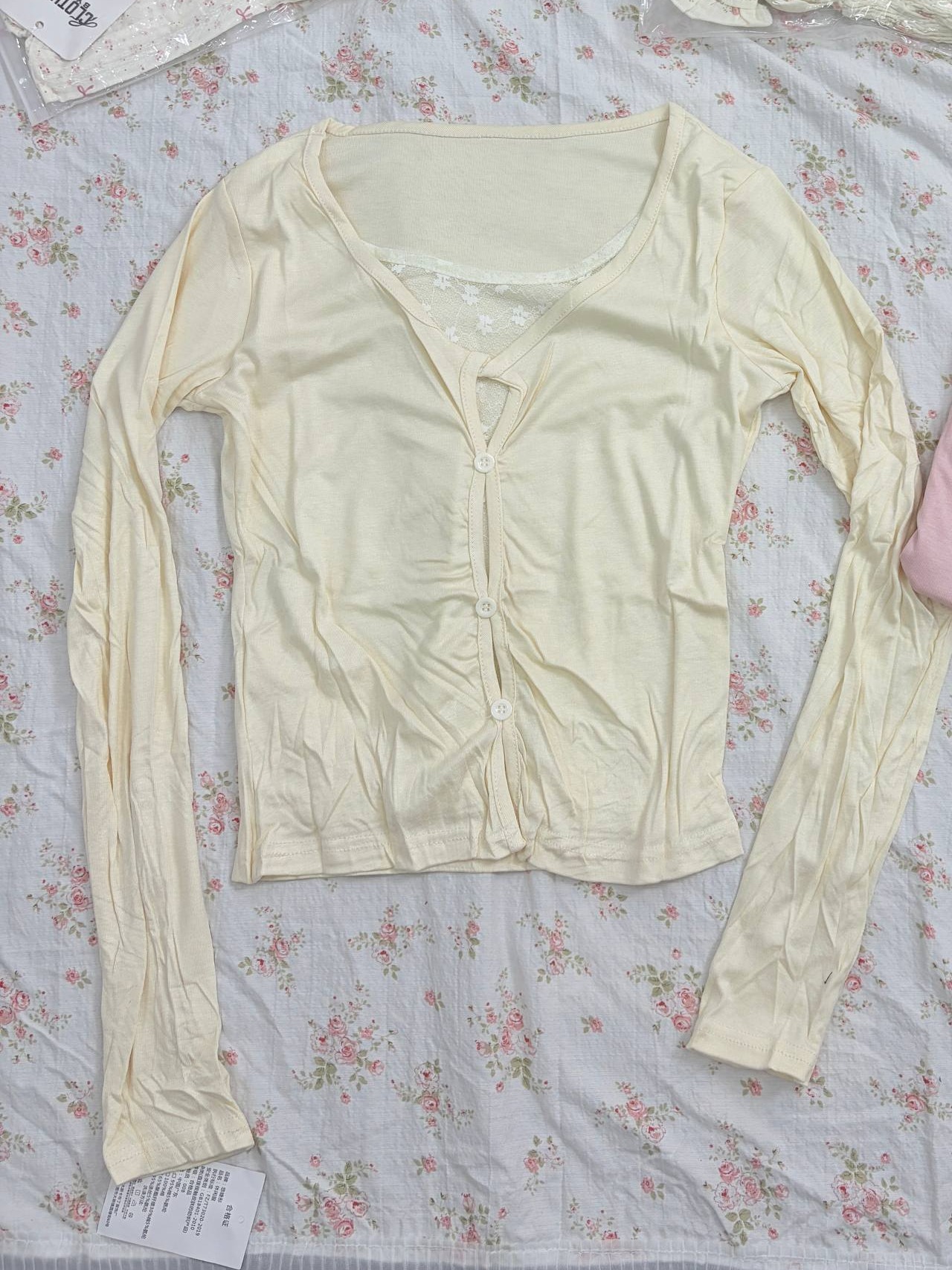lace-trim V-neck layer-look ribbed tee