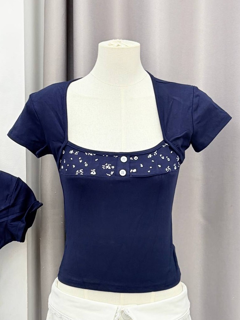 Flora Trim Square-Neck Fitted Tee