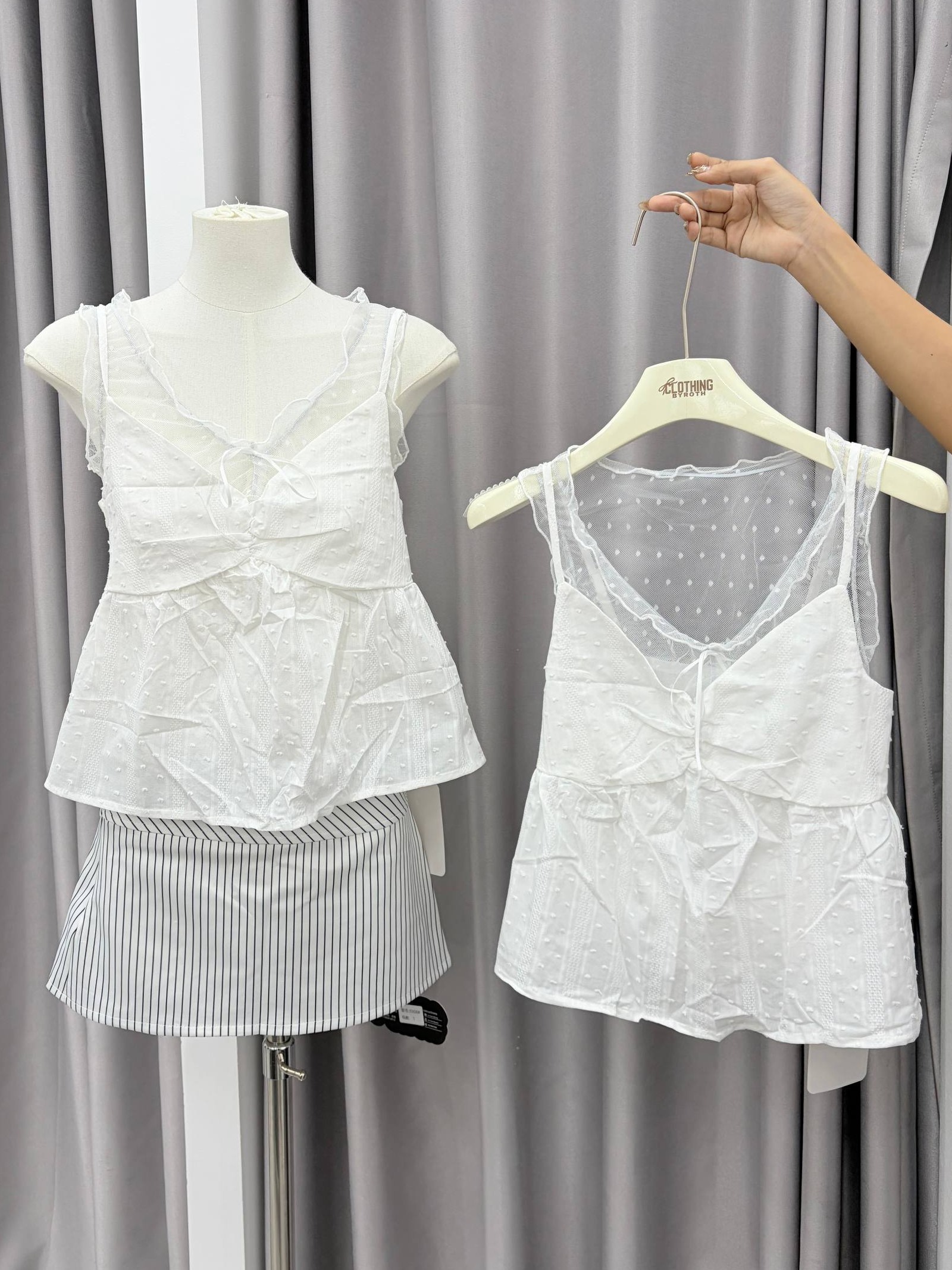 swiss dot lace-trim tie-front peplum top